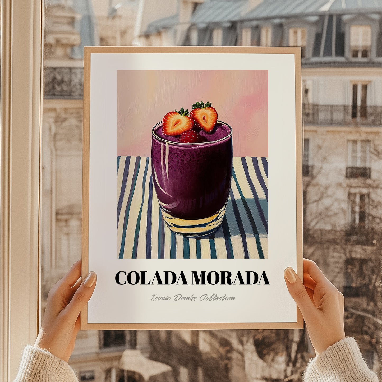 Colada Morada – on Striped Tablecloth, Ecuadorian Beverage Painting, styled in a charming Paris street view