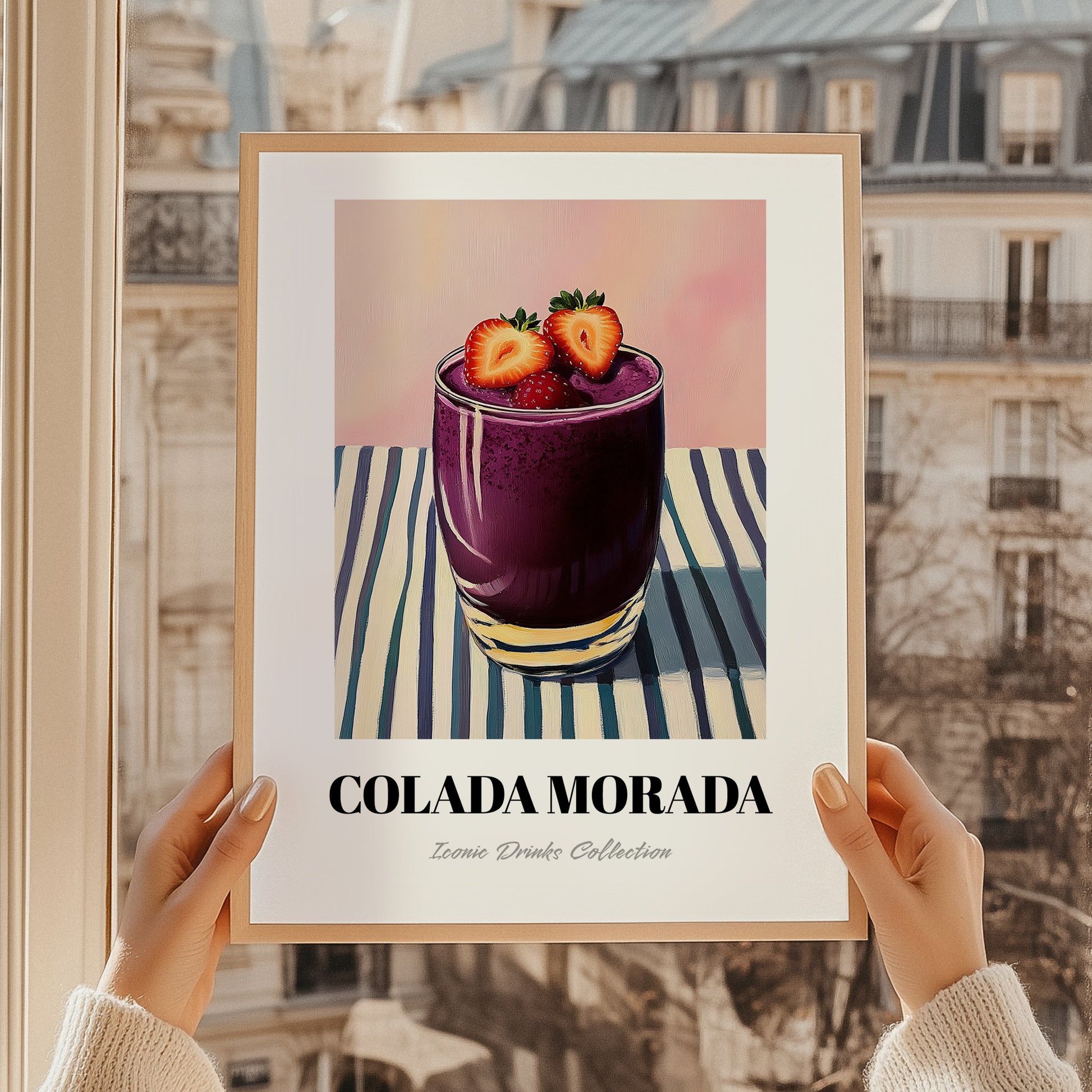 Colada Morada – on Striped Tablecloth, Ecuadorian Beverage Painting, styled in a charming Paris street view