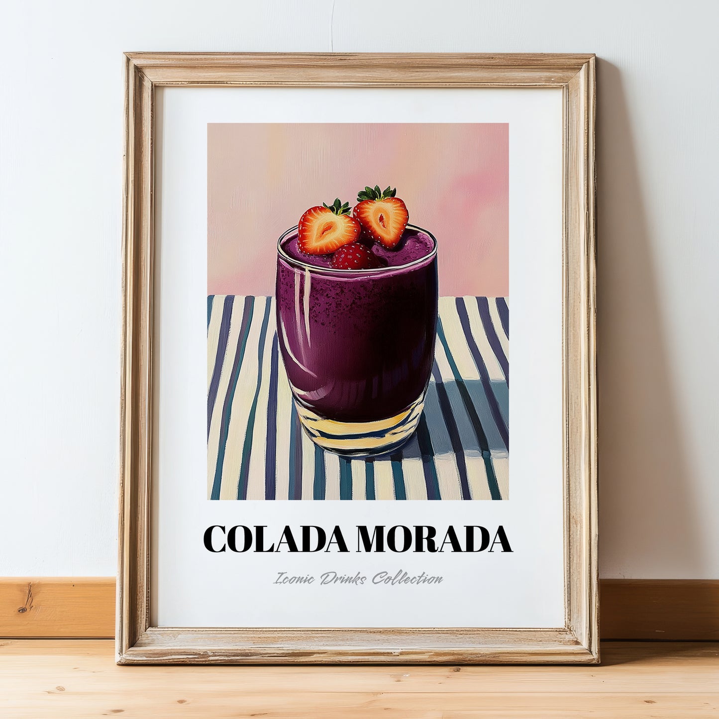 Colada Morada – on Striped Tablecloth, Ecuadorian Beverage Painting, in wooden frame leaning on the floor