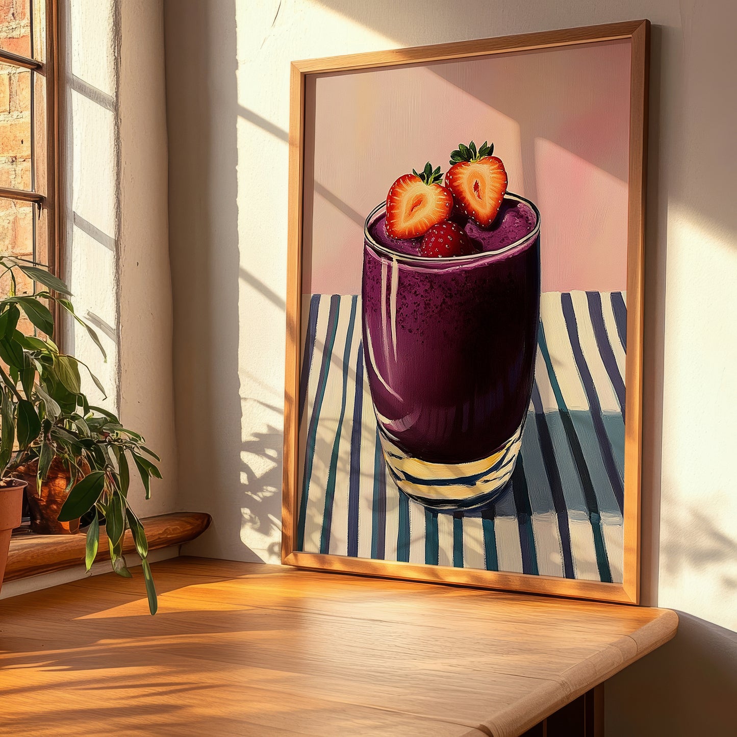 Colada Morada – on Striped Tablecloth, Ecuadorian Beverage Painting, clean layout with no caption