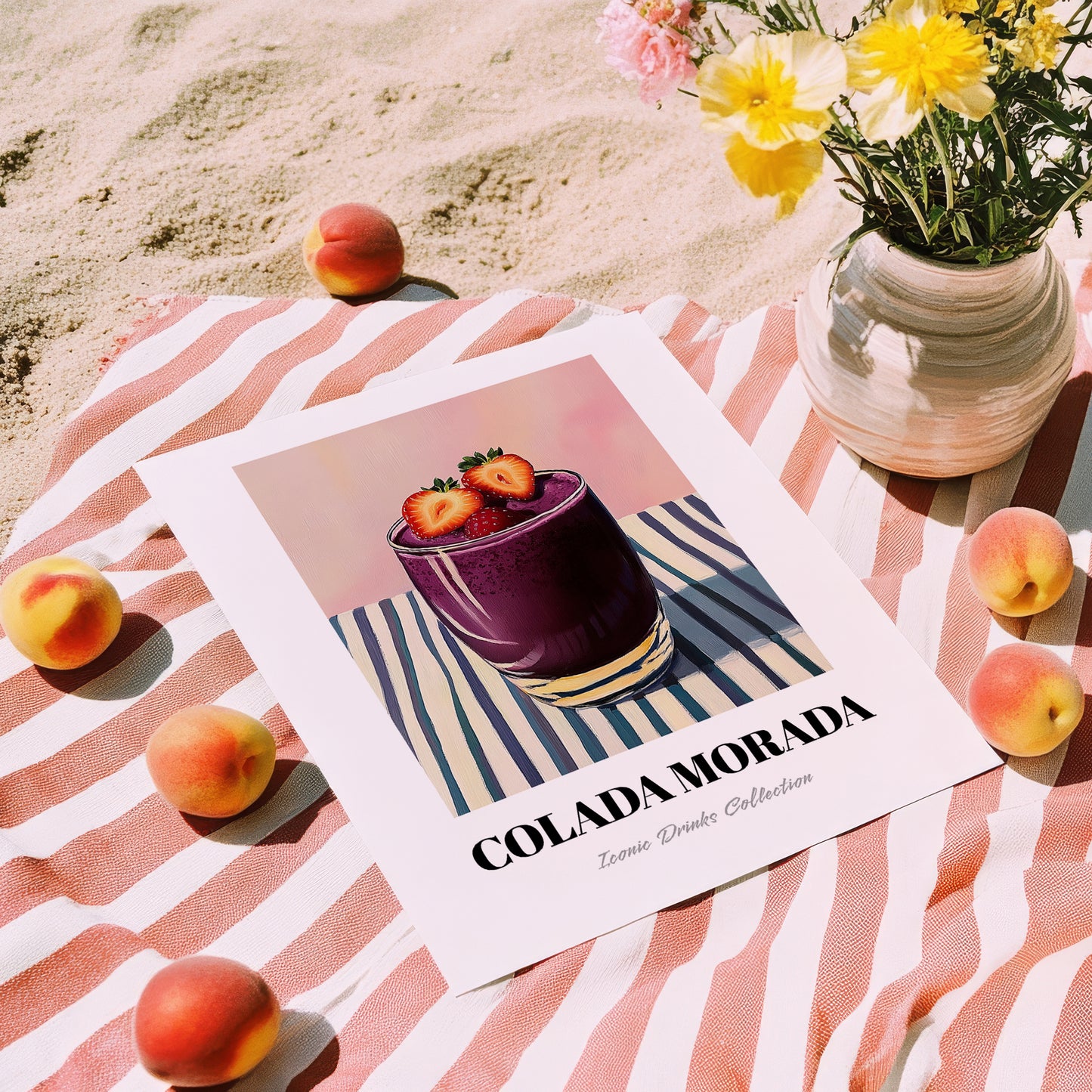 Colada Morada – on Striped Tablecloth, Ecuadorian Beverage Painting, unframed on coastal sand