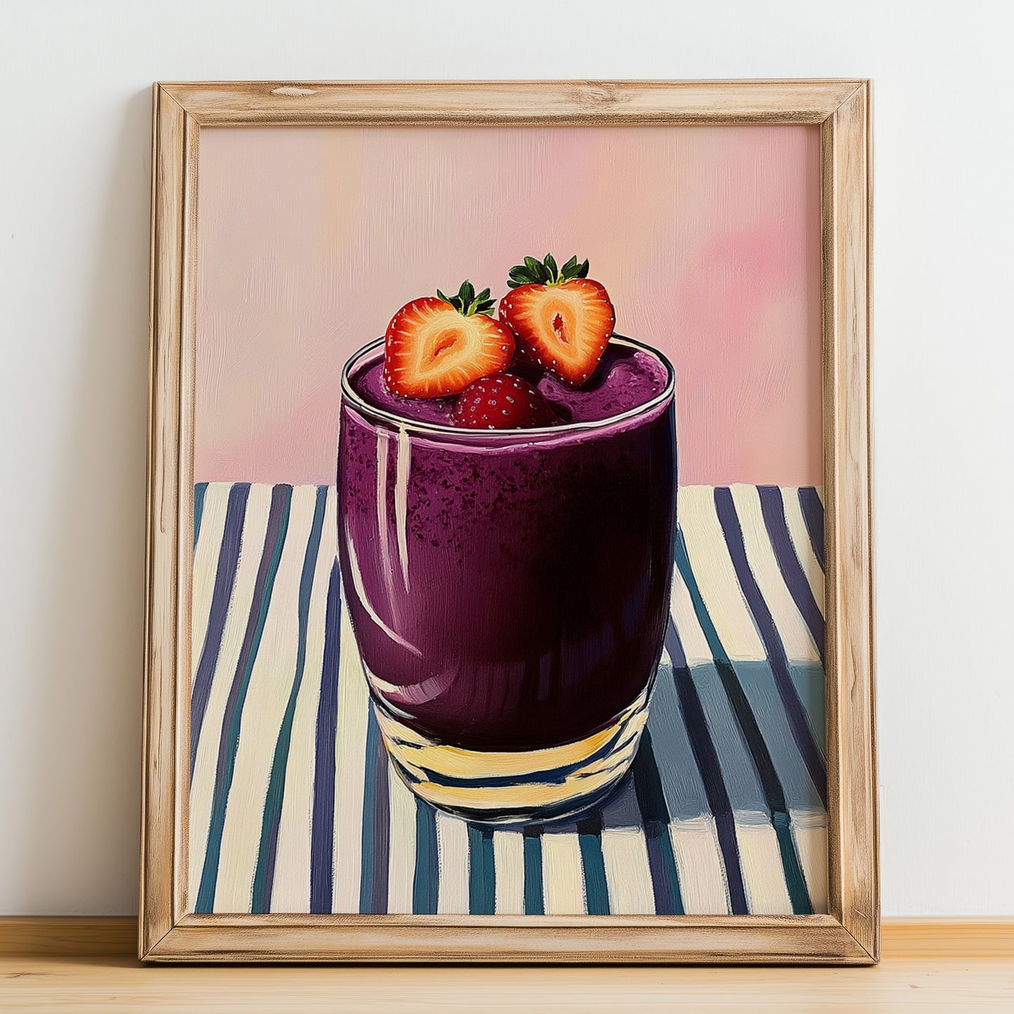 Colada Morada – on Striped Tablecloth, Ecuadorian Beverage Painting, no-text version framed in wood