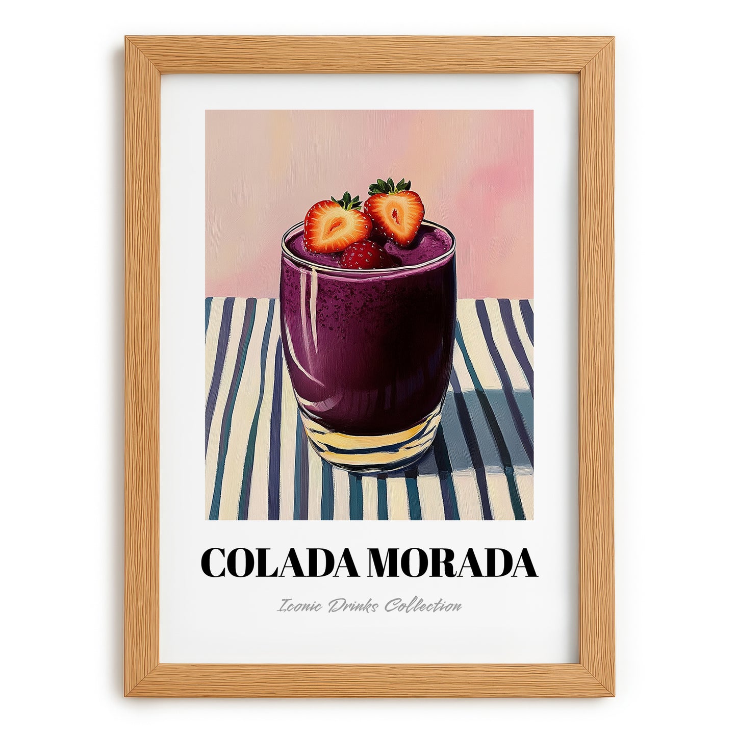 Colada Morada – on Striped Tablecloth, Ecuadorian Beverage Painting, set in oak frame