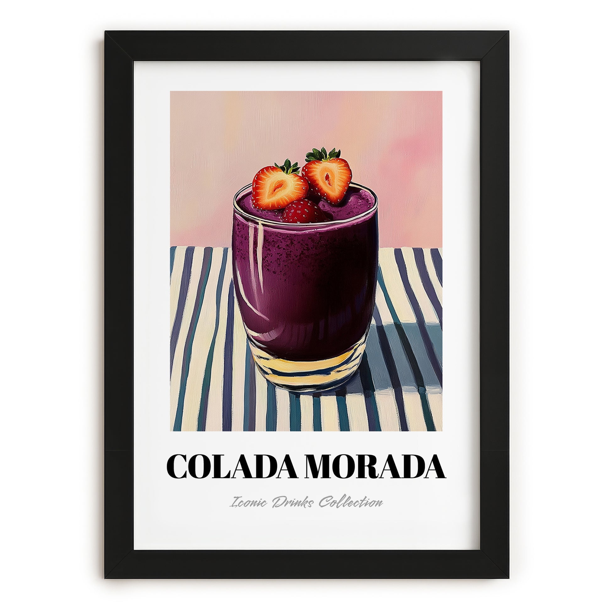 Colada Morada – on Striped Tablecloth, Ecuadorian Beverage Painting, in sleek black frame