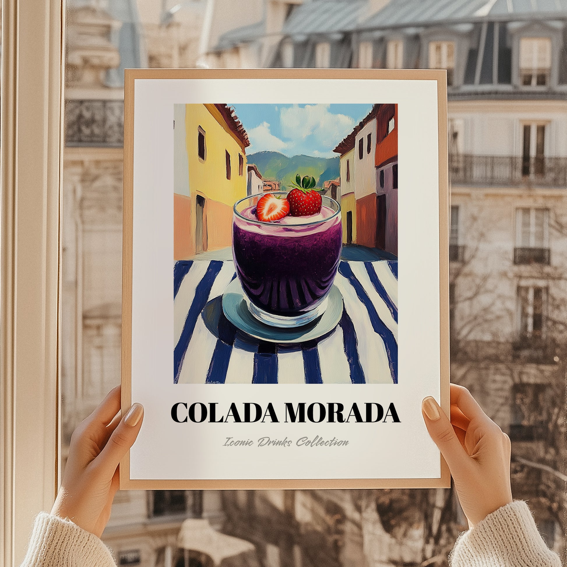 Colada Morada – Ecuadorian Outdoor Café Scene, Ecuadorian Beverage Still Life, styled in a charming Paris street view