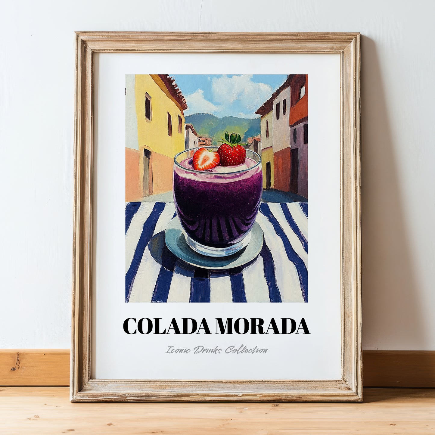Colada Morada – Ecuadorian Outdoor Café Scene, Ecuadorian Beverage Still Life, in wooden frame leaning on the floor