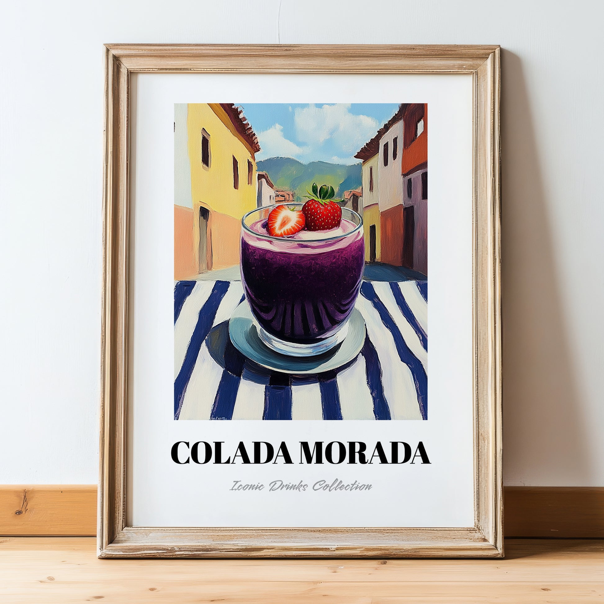 Colada Morada – Ecuadorian Outdoor Café Scene, Ecuadorian Beverage Still Life, in wooden frame leaning on the floor