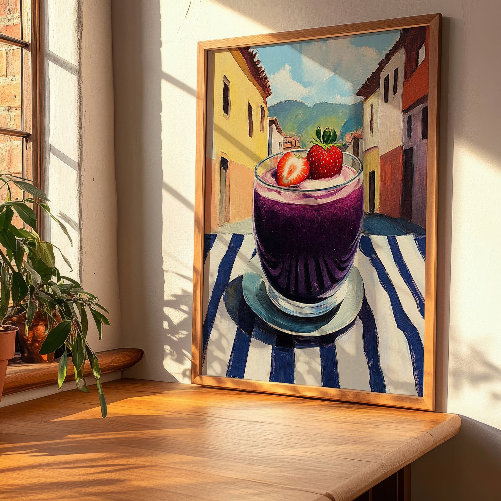 Colada Morada – Ecuadorian Outdoor Café Scene, Ecuadorian Beverage Still Life, clean layout with no caption