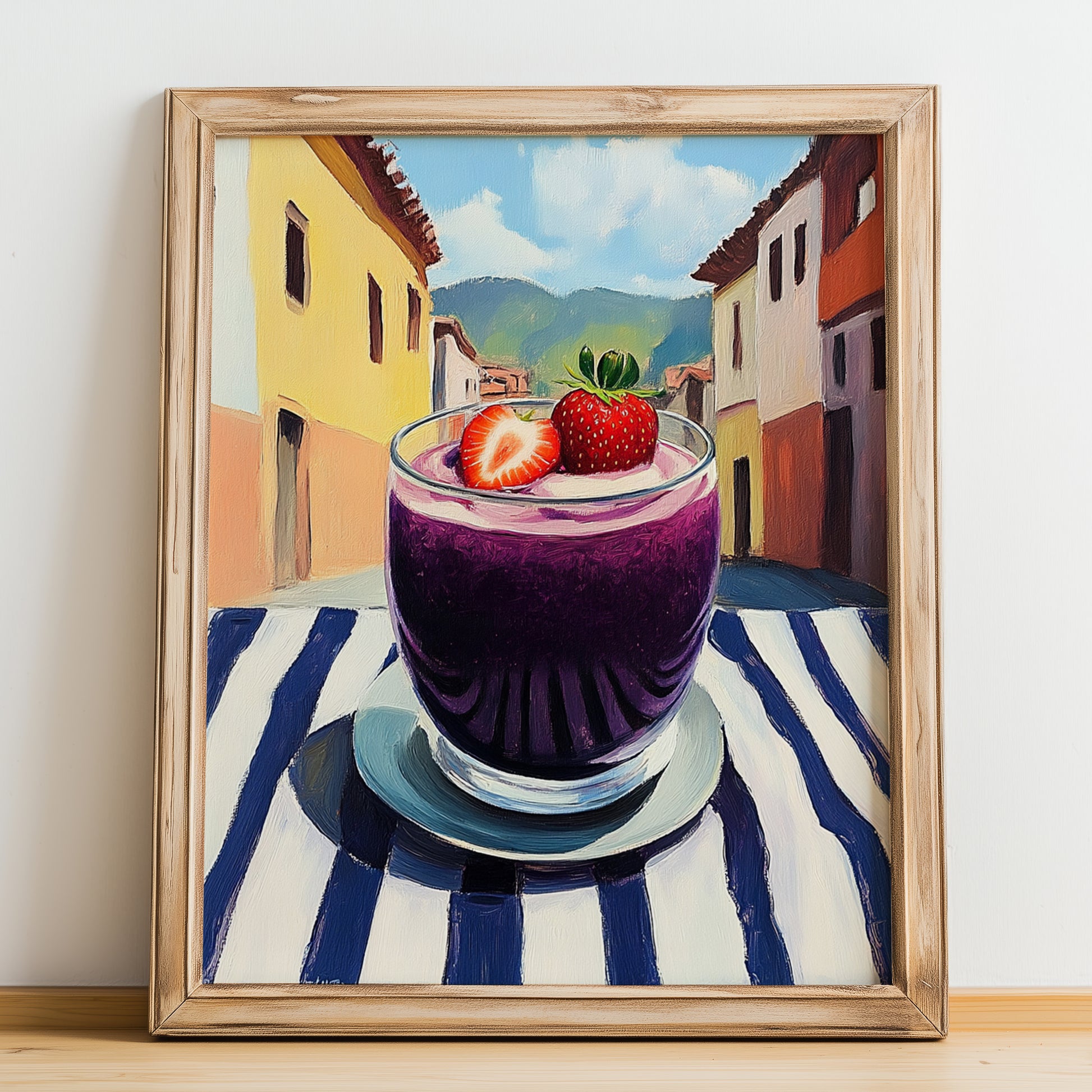 Colada Morada – Ecuadorian Outdoor Café Scene, Ecuadorian Beverage Still Life, no-text version framed in wood