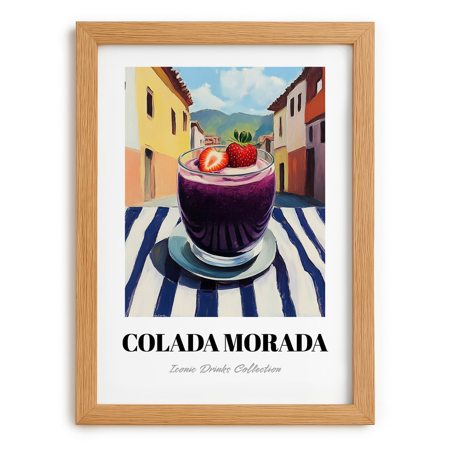 Colada Morada – Ecuadorian Outdoor Café Scene, Ecuadorian Beverage Still Life, set in oak frame