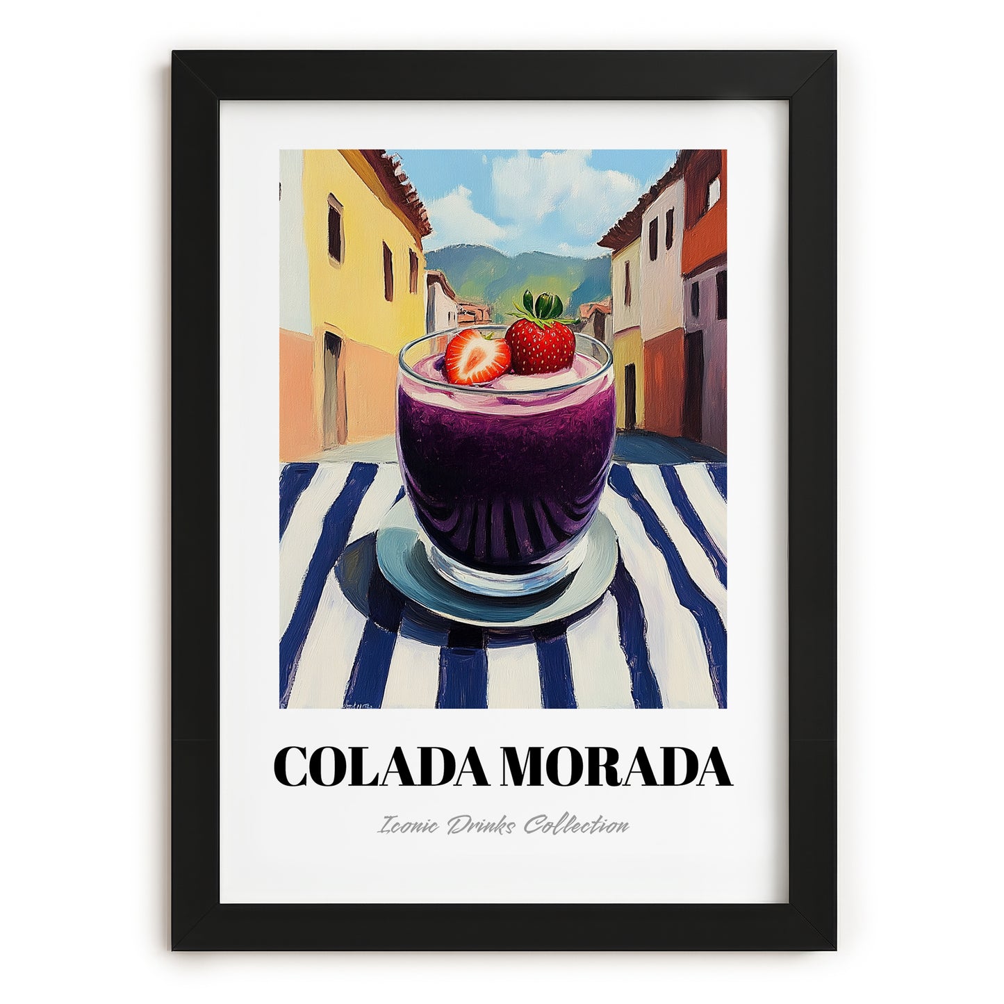 Colada Morada – Ecuadorian Outdoor Café Scene, Ecuadorian Beverage Still Life, in sleek black frame