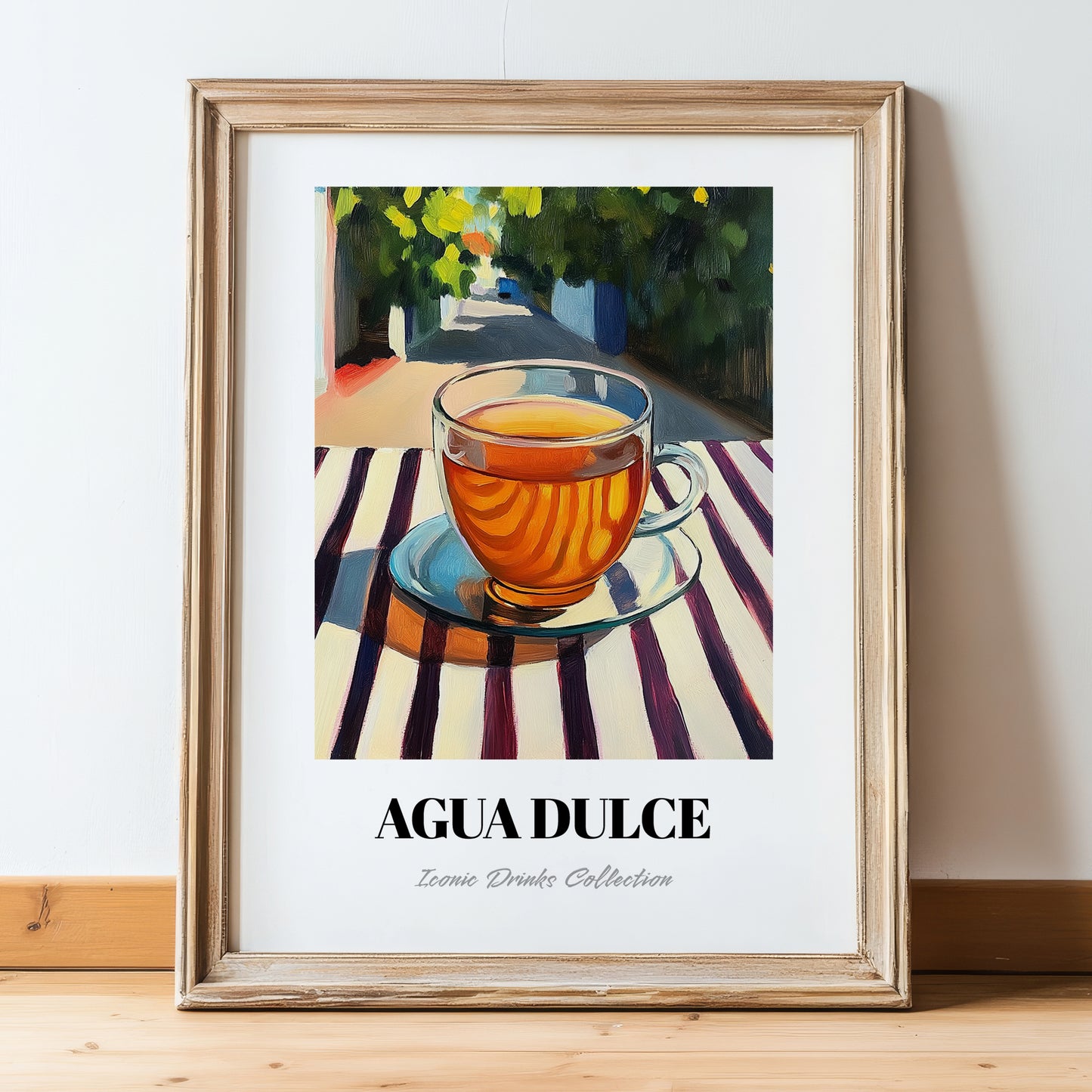 Agua Dulce – Costa Rican Urban Café Scene, Costa Rican Beverage Wall Decor, in wooden frame leaning on the floor