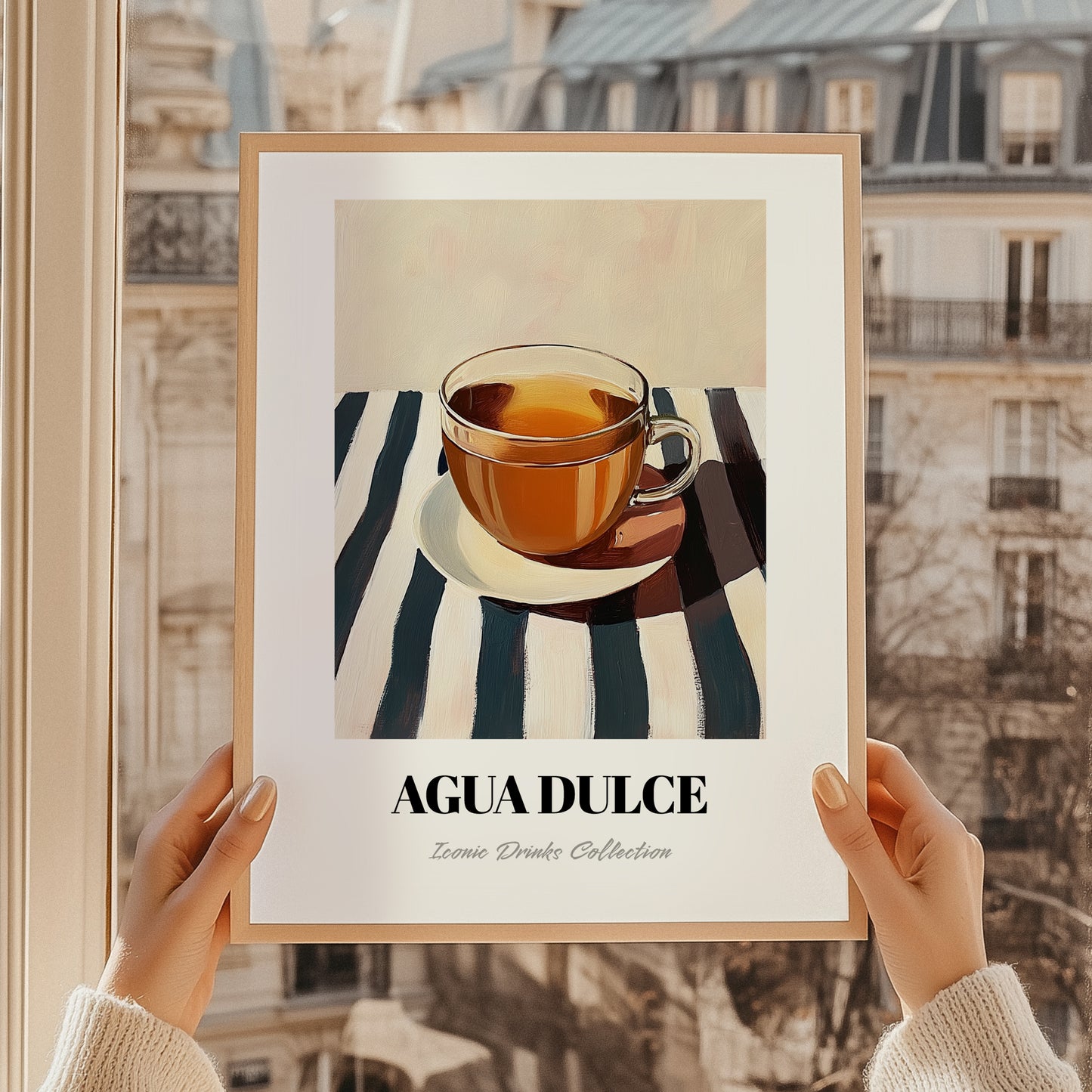 Agua Dulce – on Striped Tablecloth, Costa Rican Beverage Illustration, styled in a charming Paris street view