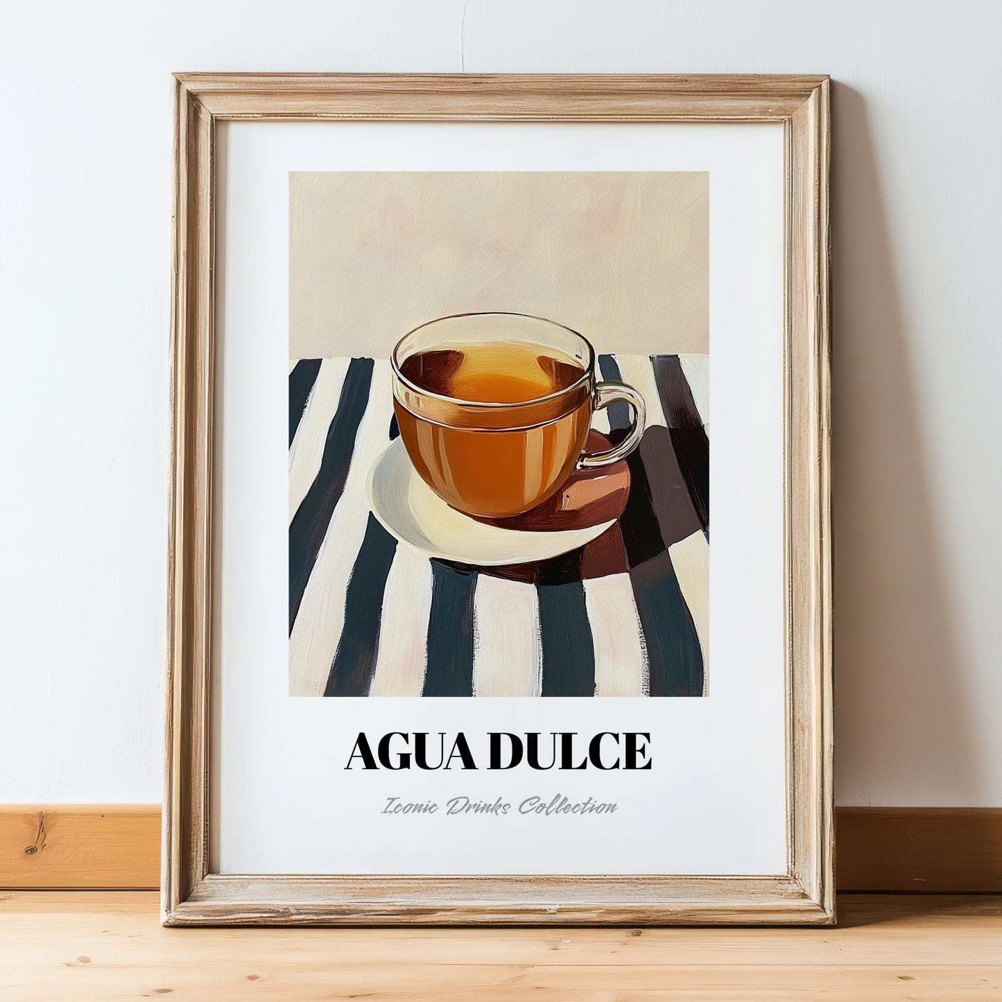 Agua Dulce – on Striped Tablecloth, Costa Rican Beverage Illustration, in wooden frame leaning on the floor