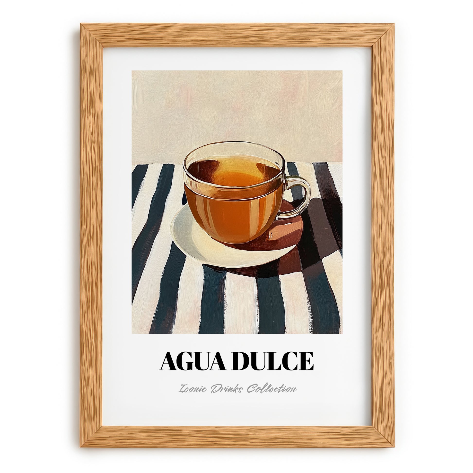 Agua Dulce – on Striped Tablecloth, Costa Rican Beverage Illustration, set in oak frame
