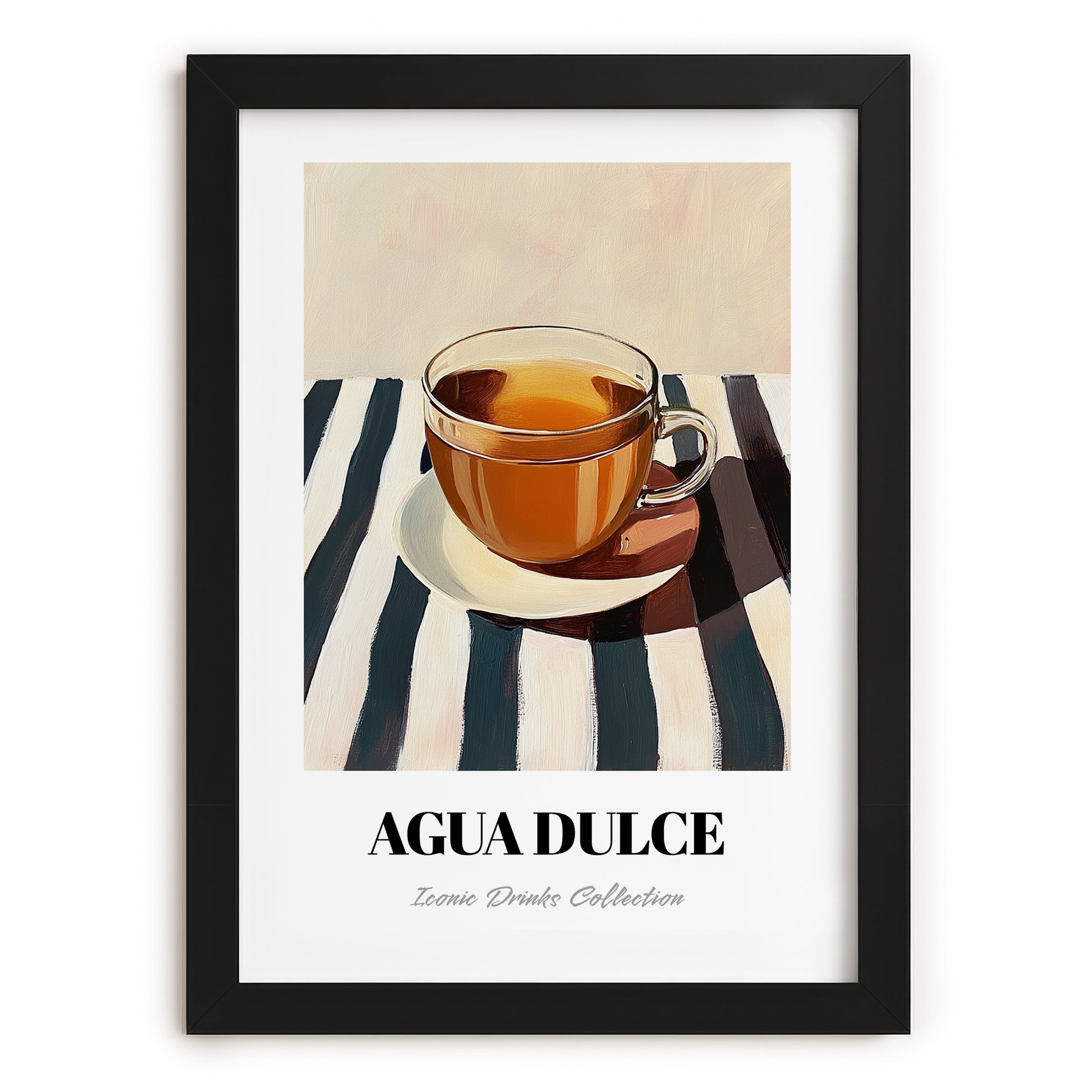 Agua Dulce – on Striped Tablecloth, Costa Rican Beverage Illustration, in sleek black frame