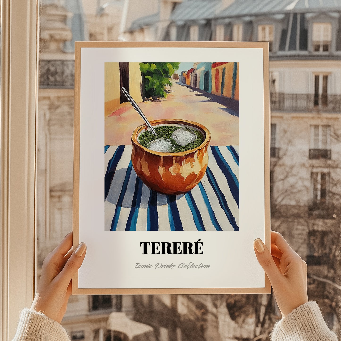 Tereré – Paraguayan Outdoor Café Scene, Paraguayan Beverage Still Life, styled in a charming Paris street view