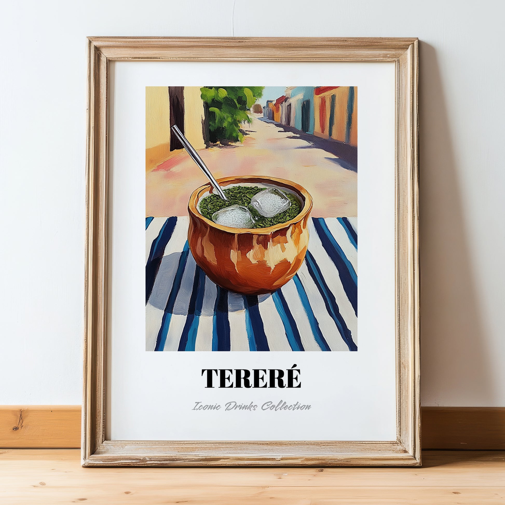 Tereré – Paraguayan Outdoor Café Scene, Paraguayan Beverage Still Life, in wooden frame leaning on the floor