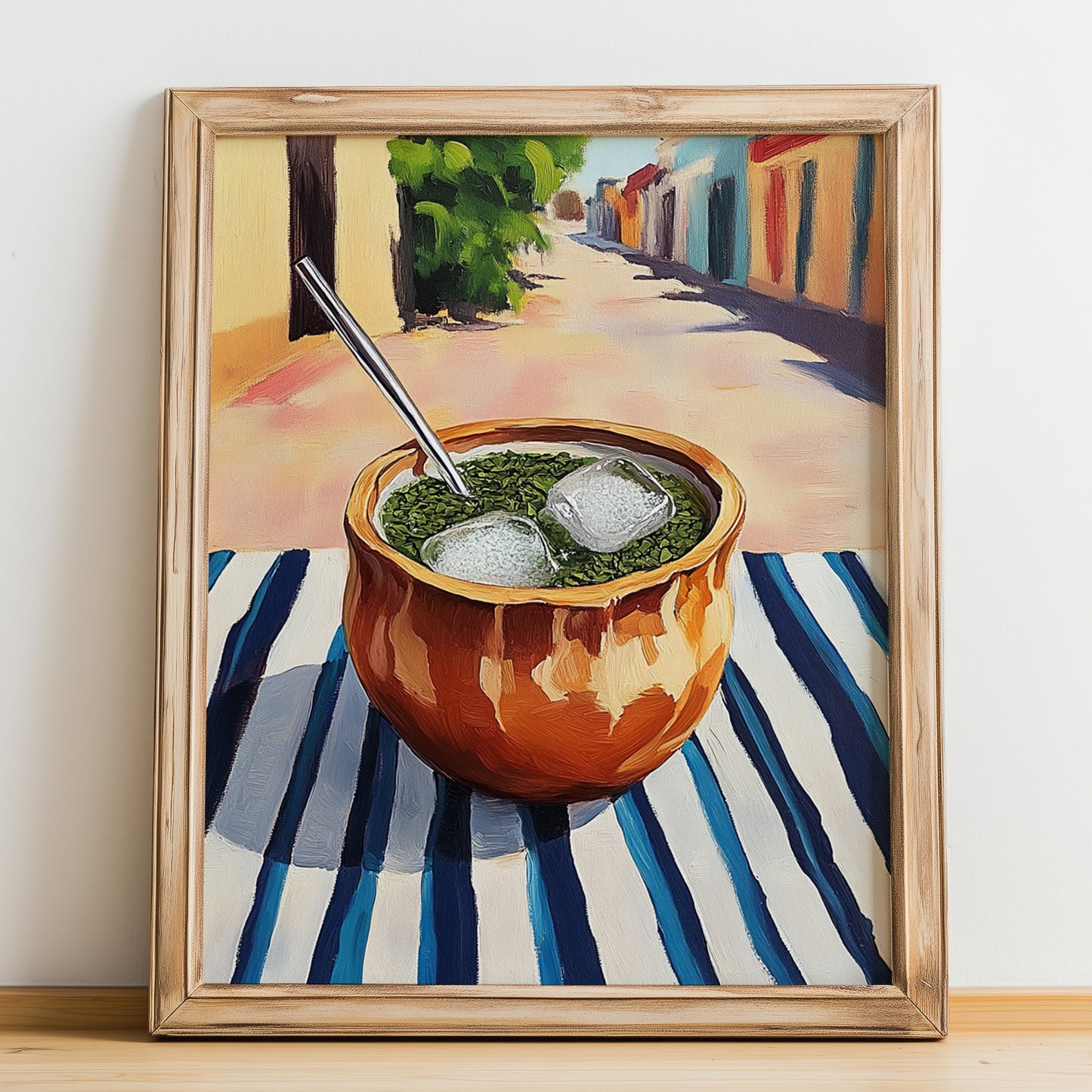 Tereré – Paraguayan Outdoor Café Scene, Paraguayan Beverage Still Life, no-text version framed in wood