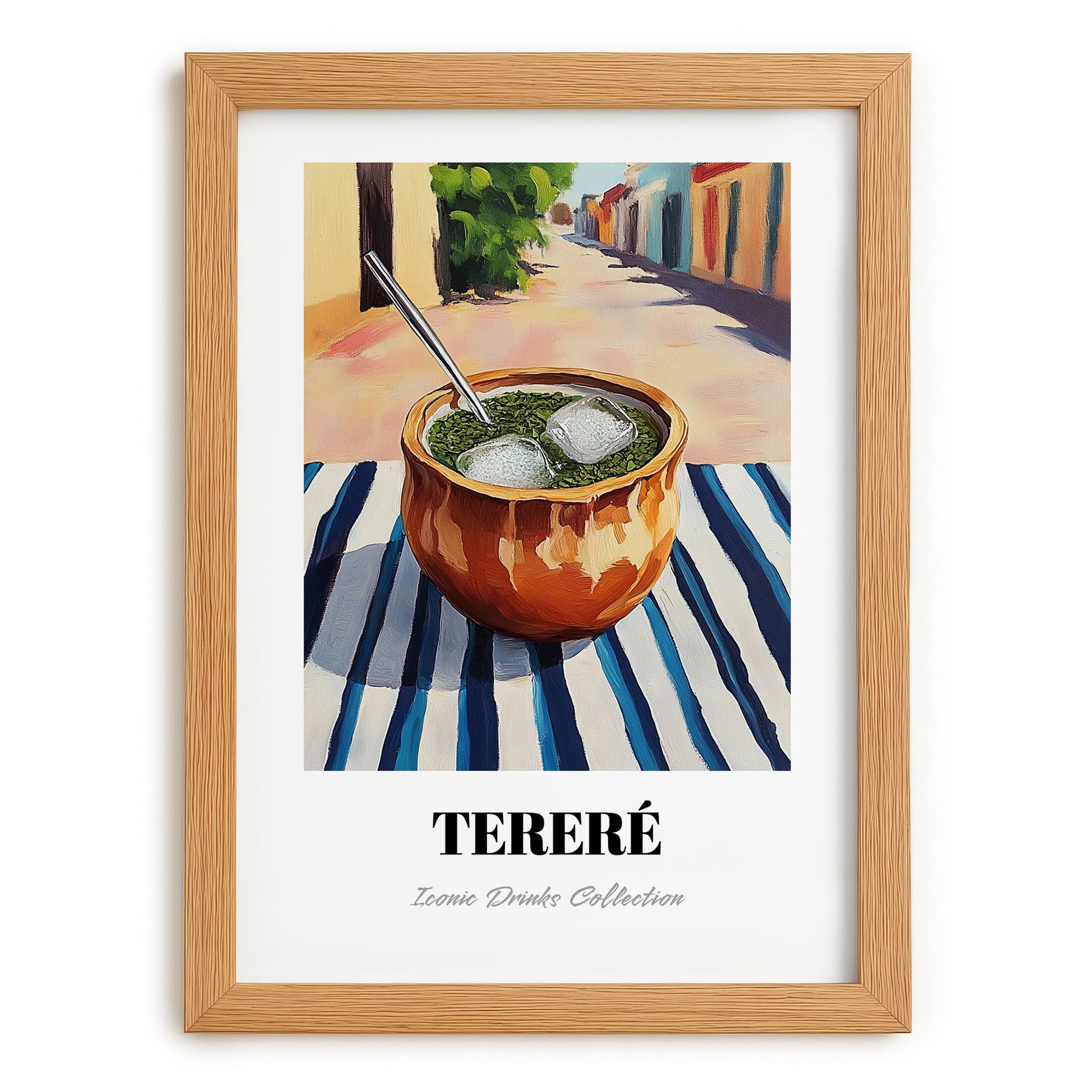 Tereré – Paraguayan Outdoor Café Scene, Paraguayan Beverage Still Life, set in oak frame