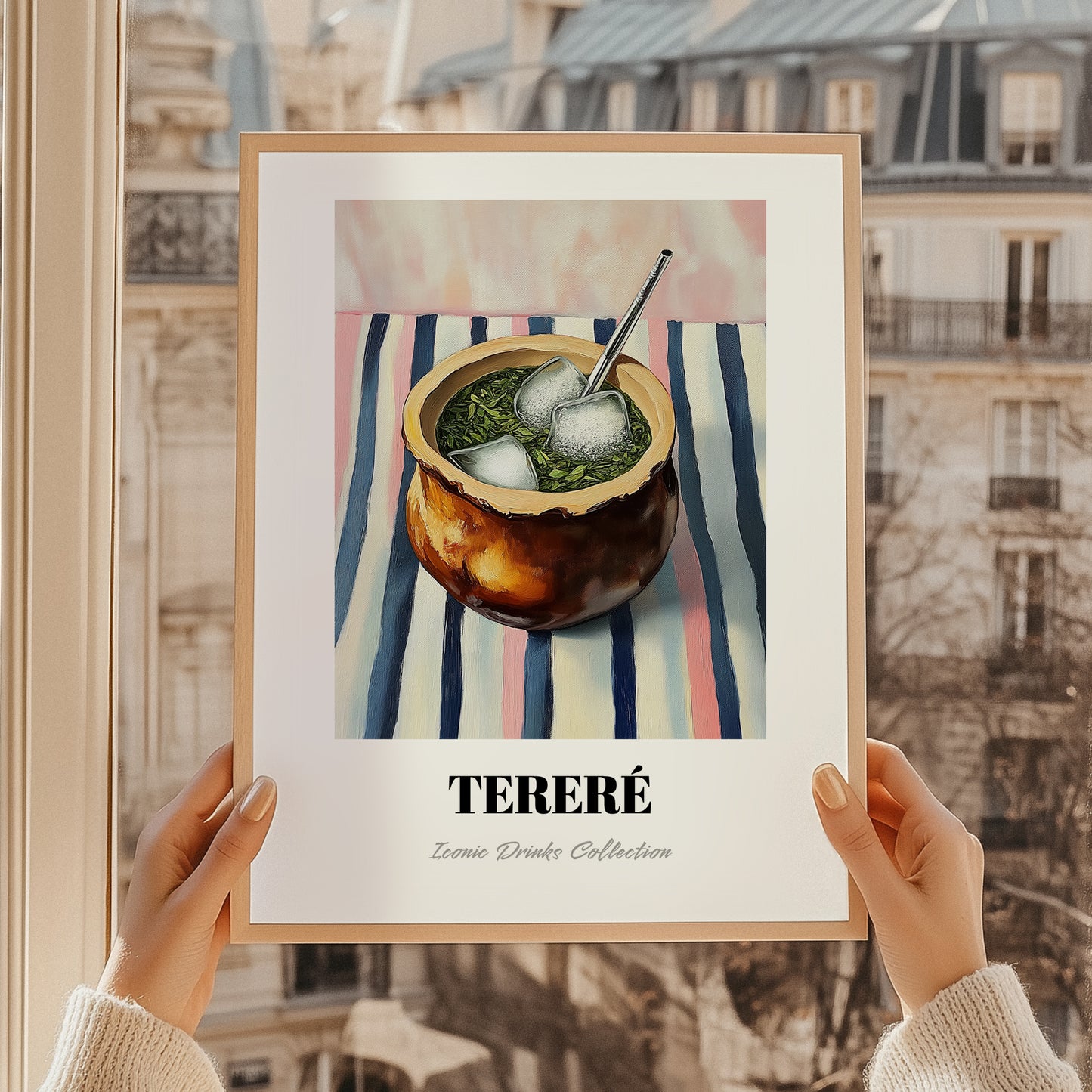 Tereré – on Striped Tablecloth, Paraguayan Wine Painting, styled in a charming Paris street view