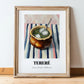 Tereré – on Striped Tablecloth, Paraguayan Wine Painting, in wooden frame leaning on the floor