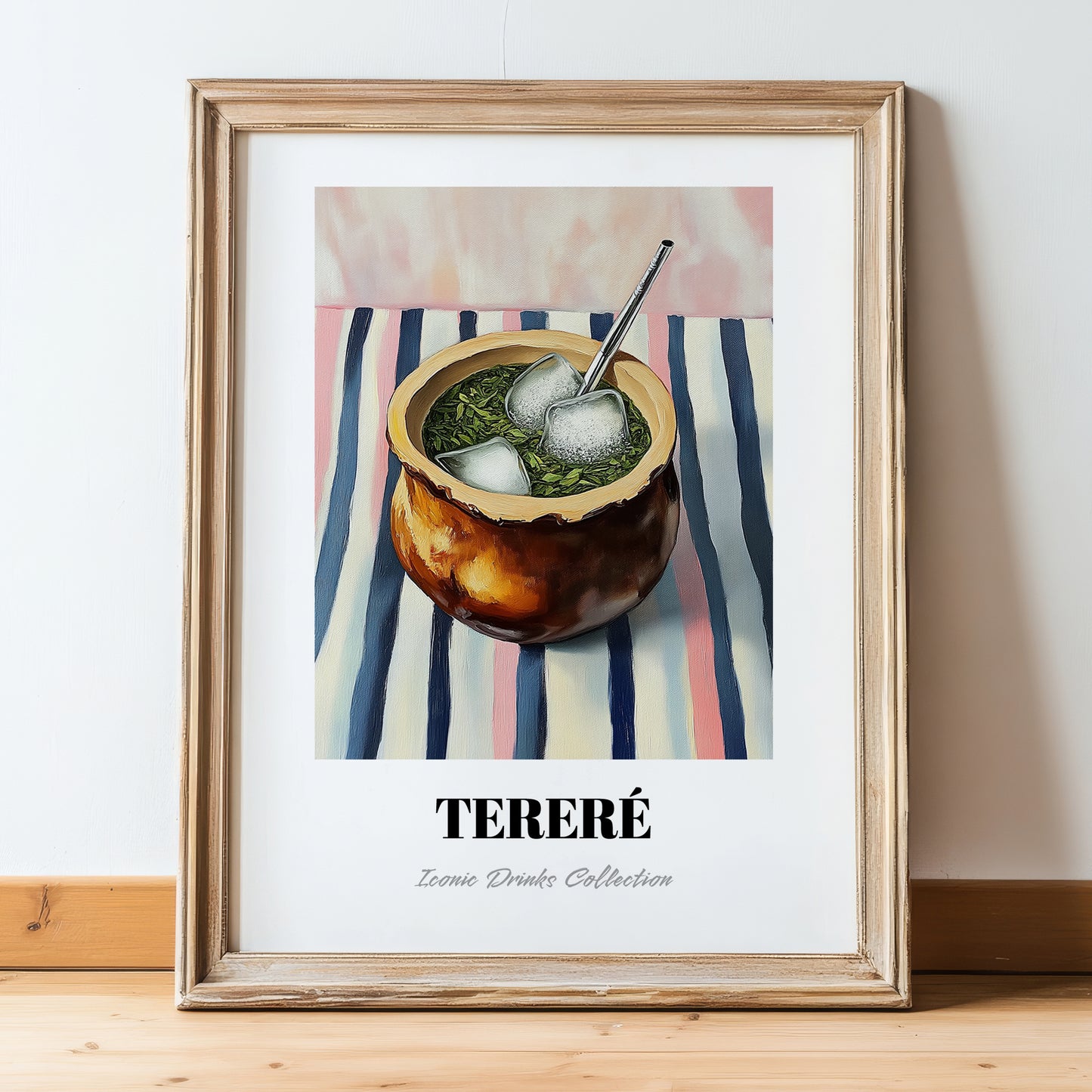 Tereré – on Striped Tablecloth, Paraguayan Wine Painting, in wooden frame leaning on the floor