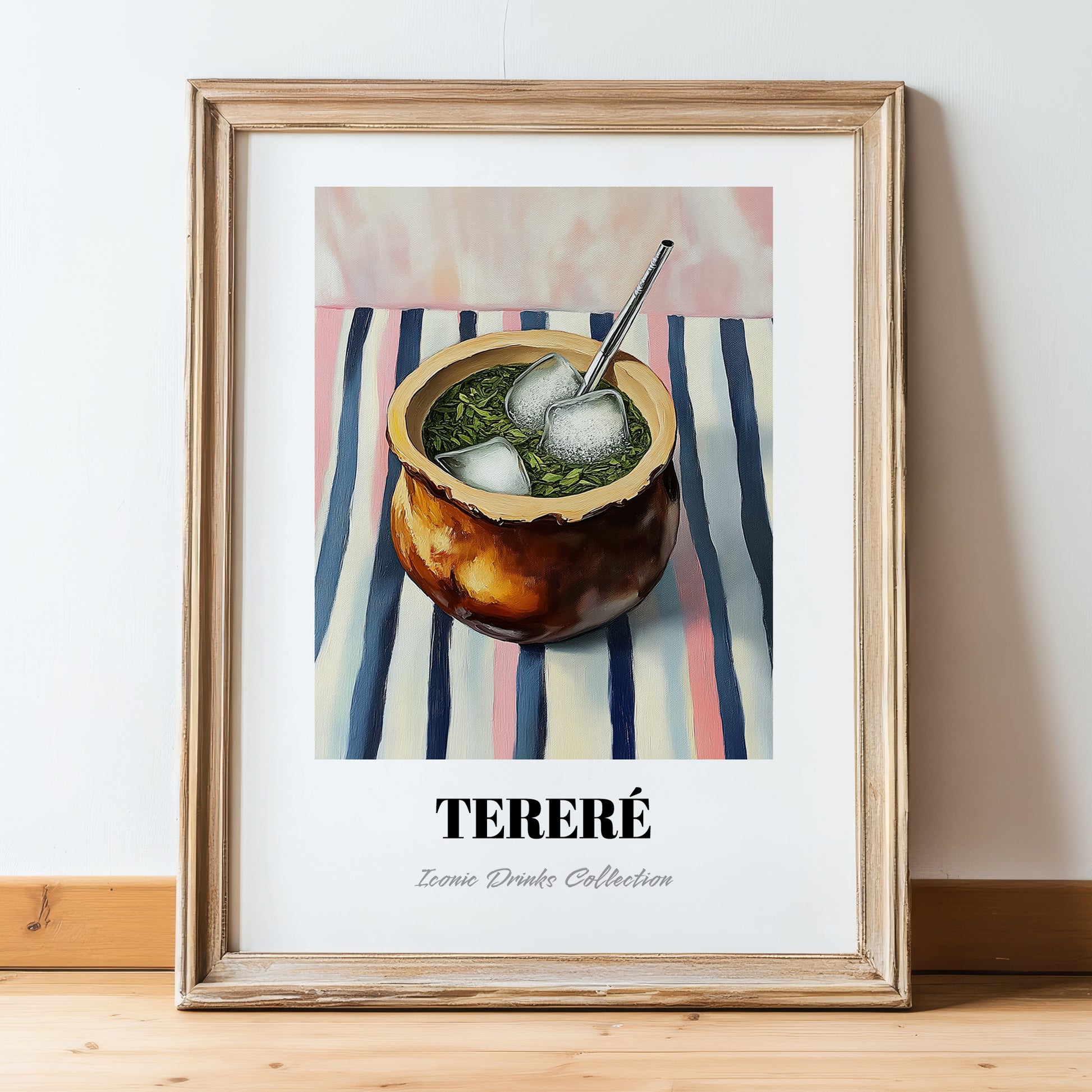 Tereré – on Striped Tablecloth, Paraguayan Wine Painting, in wooden frame leaning on the floor