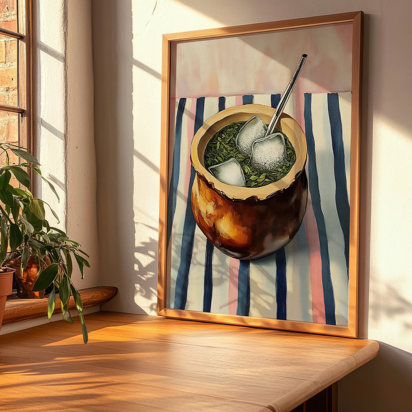 Tereré – on Striped Tablecloth, Paraguayan Wine Painting, clean layout with no caption