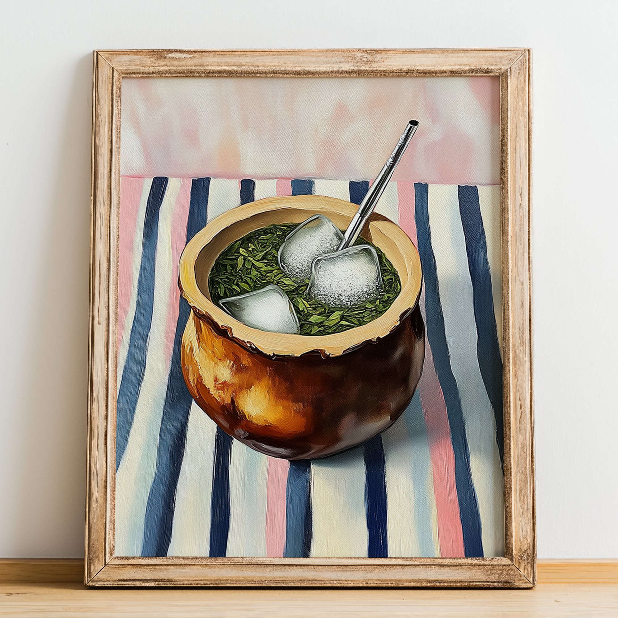 Tereré – on Striped Tablecloth, Paraguayan Wine Painting, no-text version framed in wood