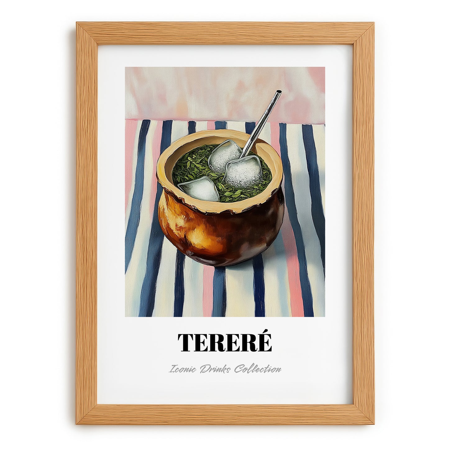 Tereré – on Striped Tablecloth, Paraguayan Wine Painting, set in oak frame