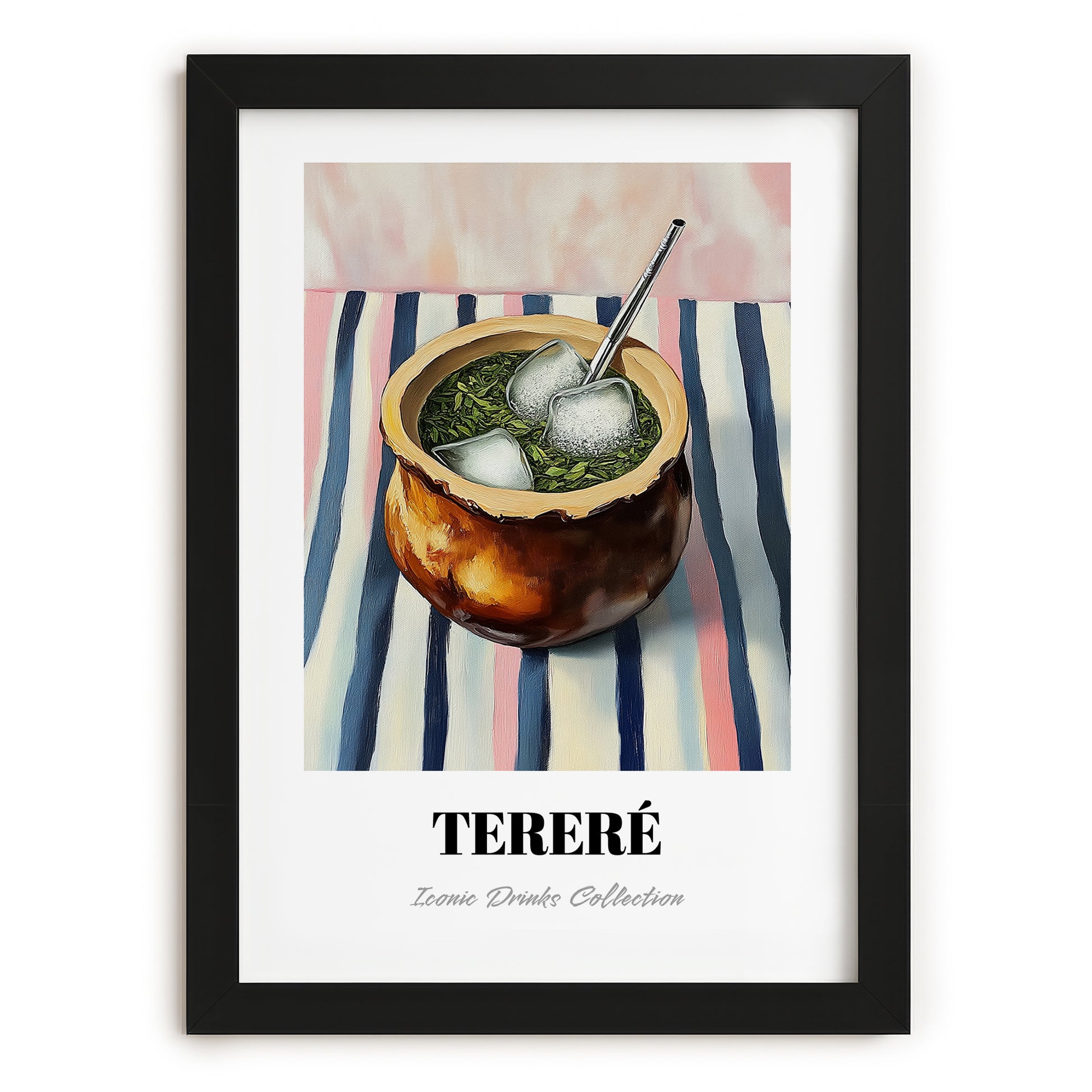 Tereré – on Striped Tablecloth, Paraguayan Wine Painting, in sleek black frame