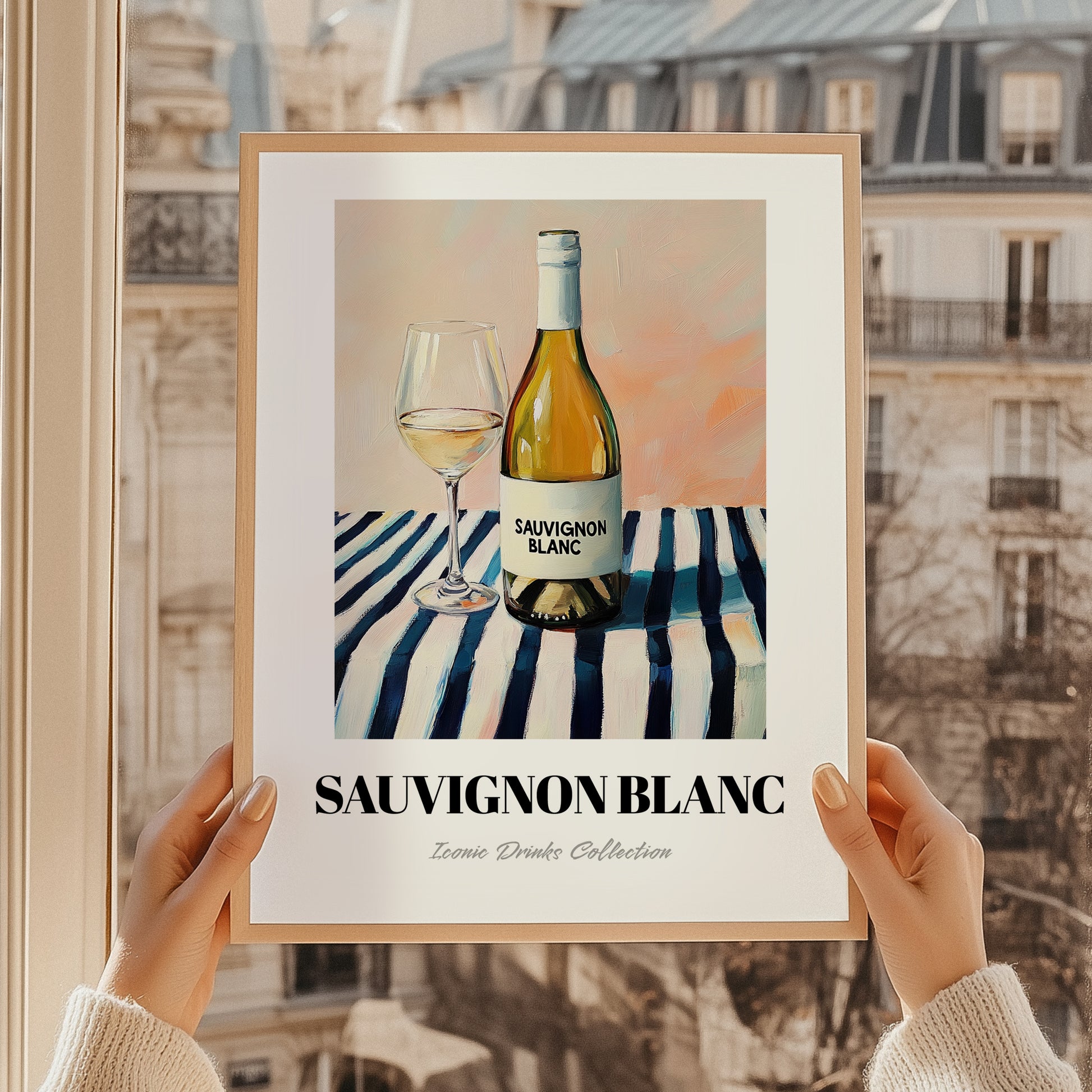Sauvignon Blanc – on Striped Tablecloth, New Zealander Lemonade Illustration, styled in a charming Paris street view
