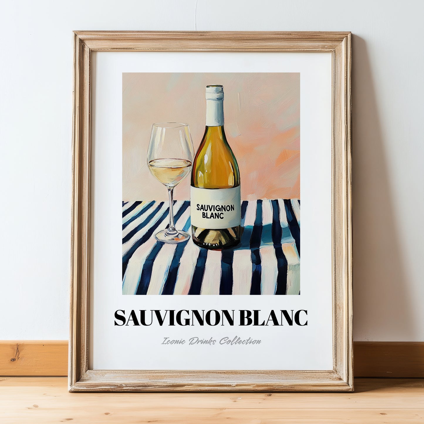 Sauvignon Blanc – on Striped Tablecloth, New Zealander Lemonade Illustration, in wooden frame leaning on the floor