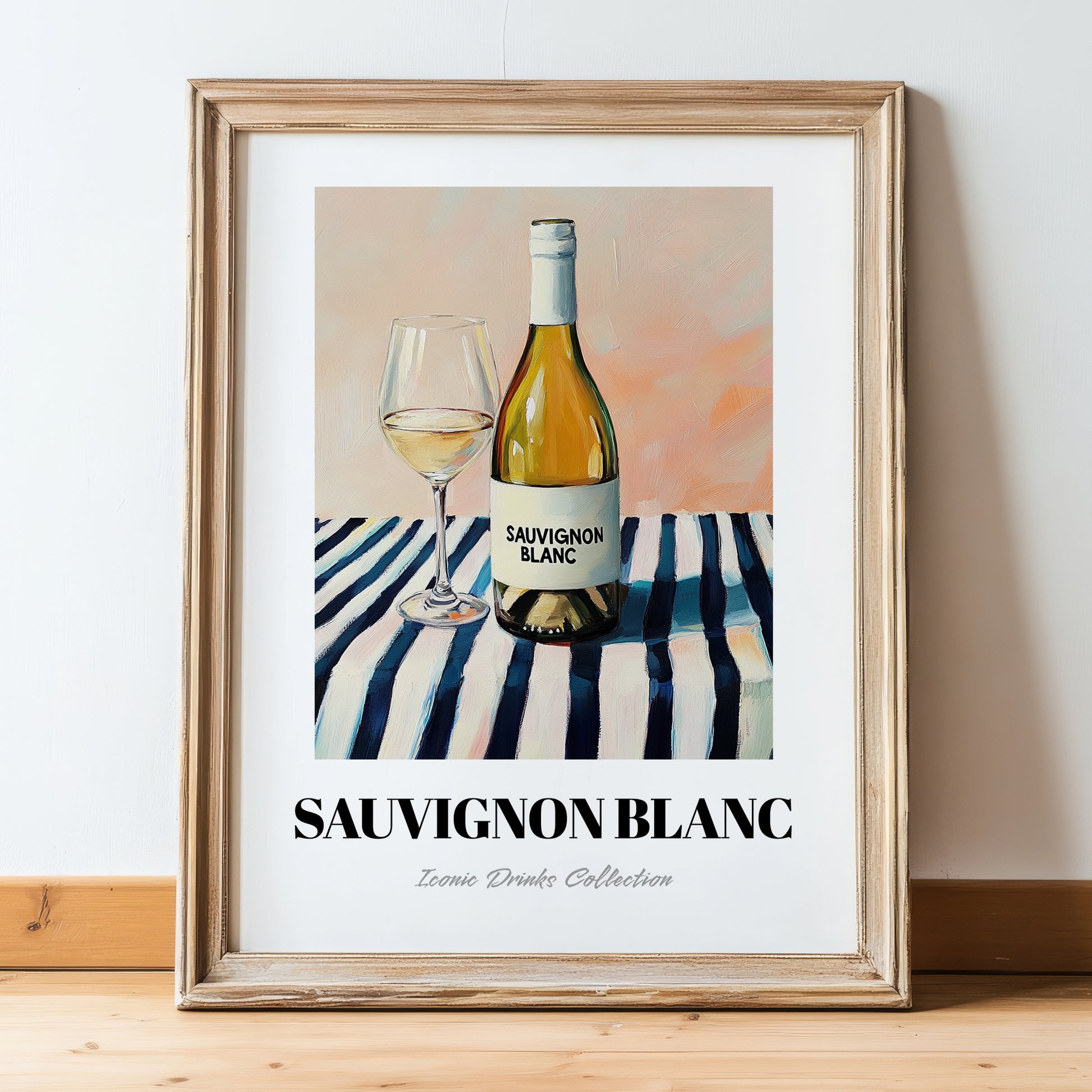 Sauvignon Blanc – on Striped Tablecloth, New Zealander Lemonade Illustration, in wooden frame leaning on the floor