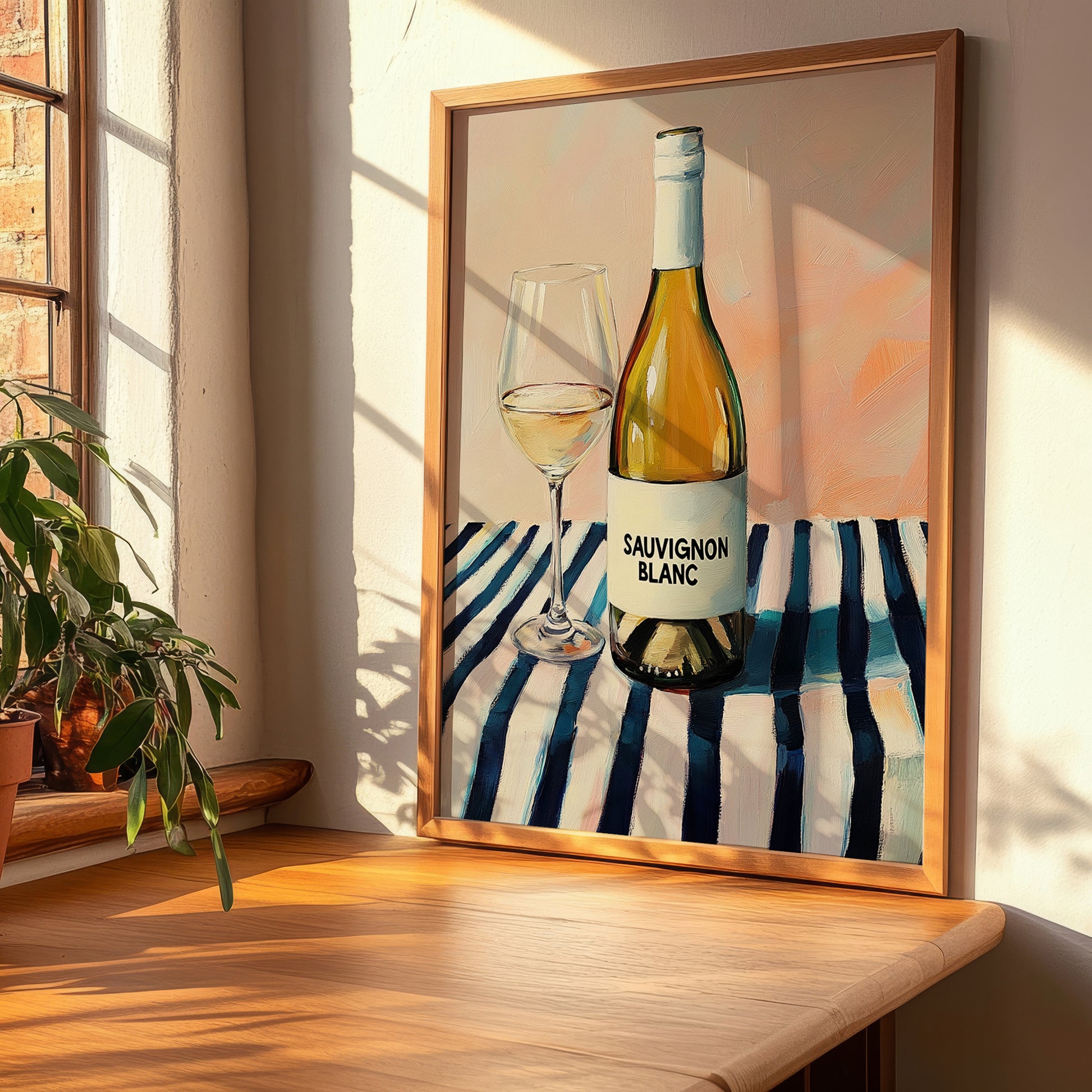 Sauvignon Blanc – on Striped Tablecloth, New Zealander Lemonade Illustration, clean layout with no caption