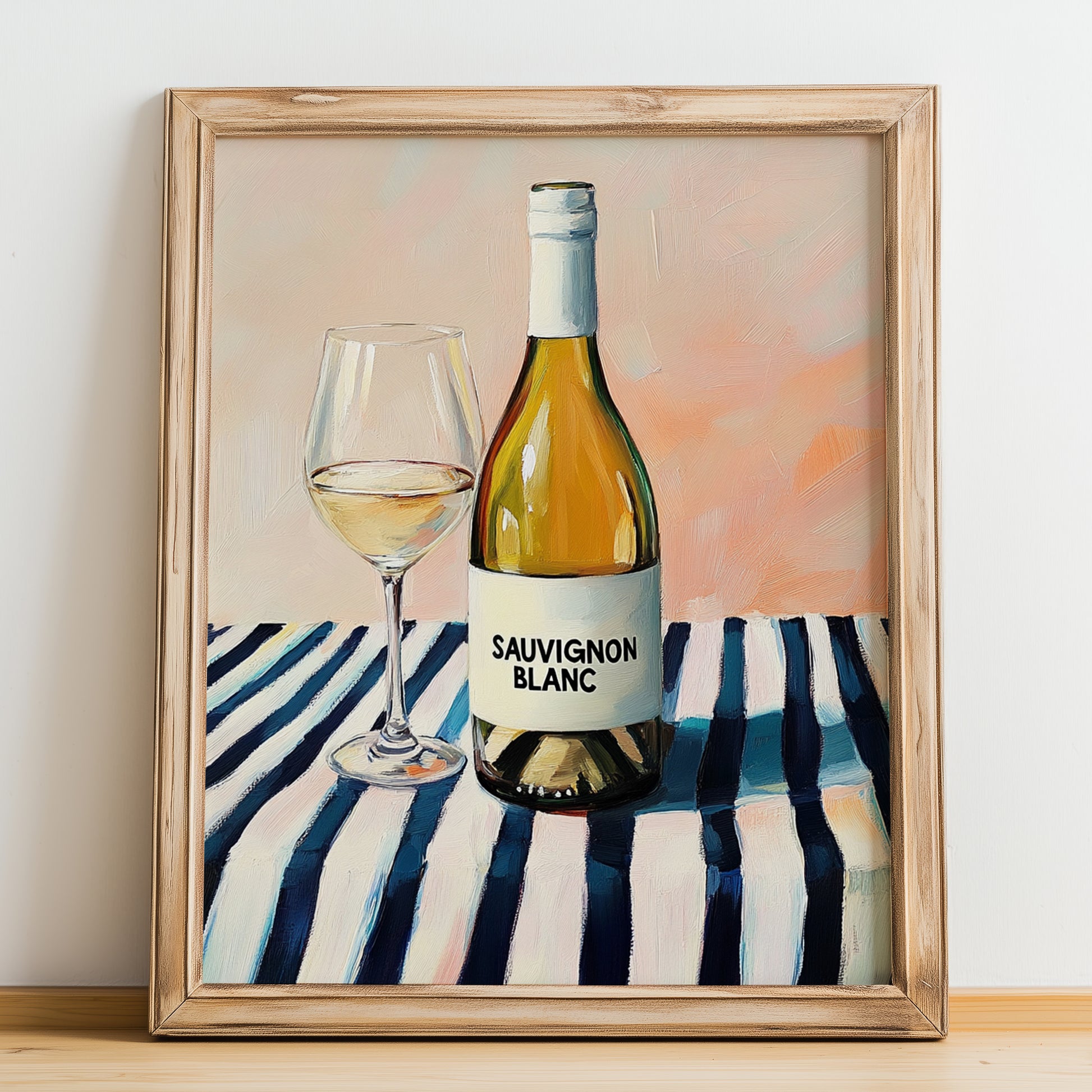 Sauvignon Blanc – on Striped Tablecloth, New Zealander Lemonade Illustration, no-text version framed in wood