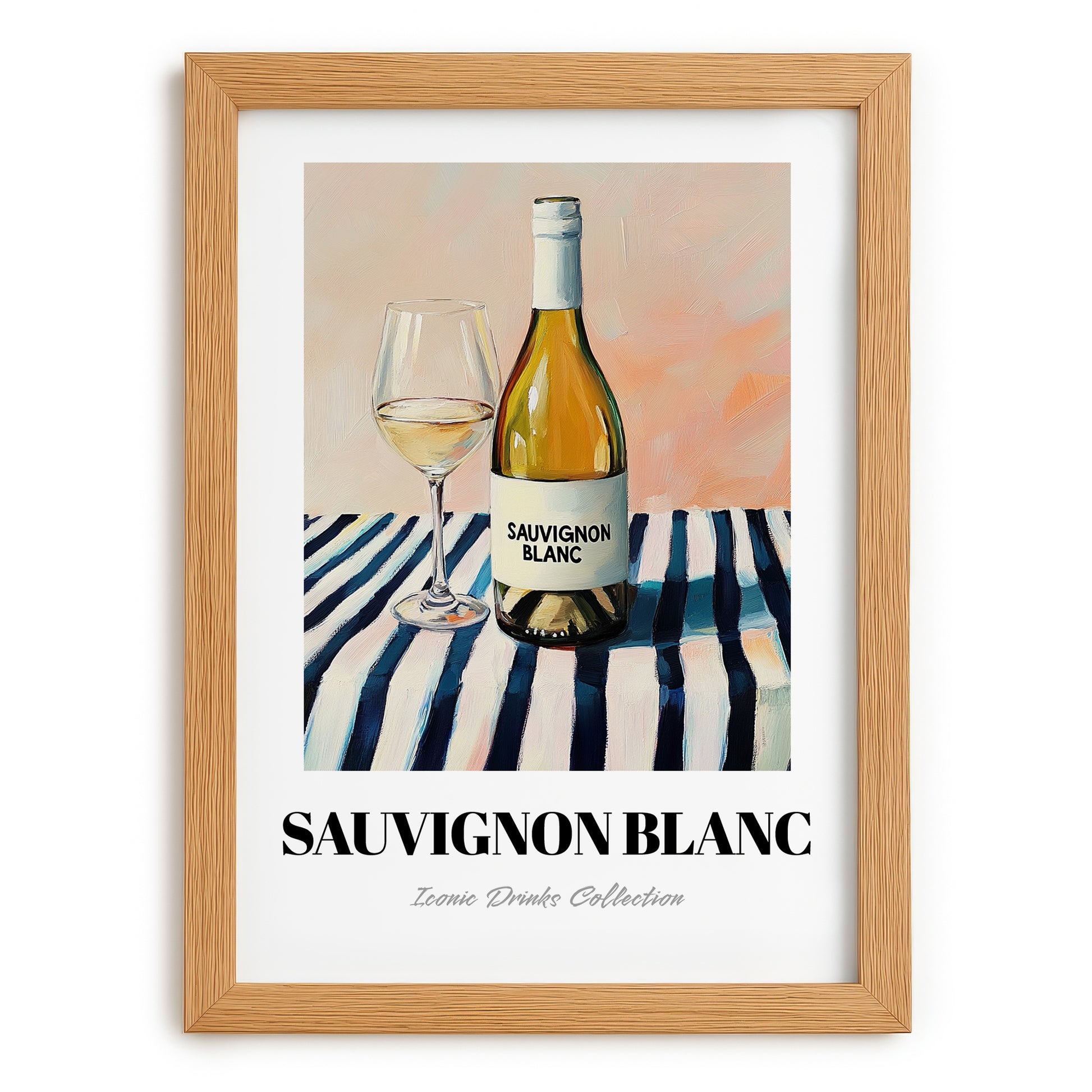 Sauvignon Blanc – on Striped Tablecloth, New Zealander Lemonade Illustration, set in oak frame