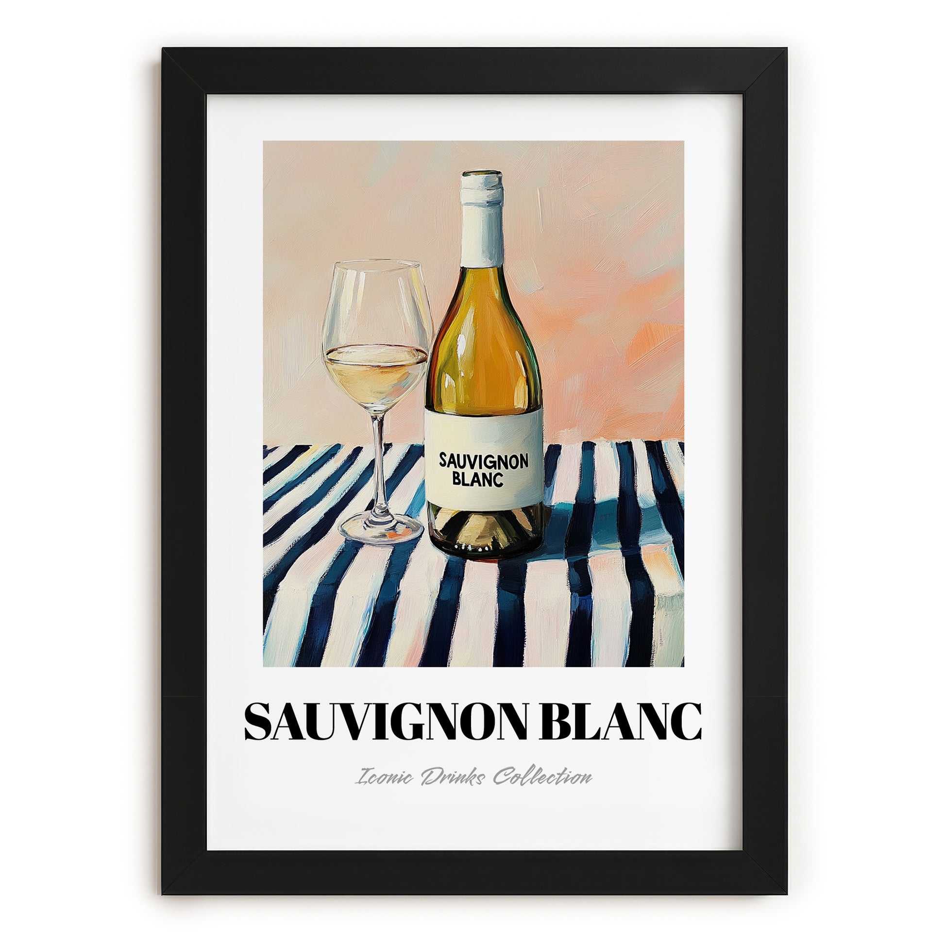 Sauvignon Blanc – on Striped Tablecloth, New Zealander Lemonade Illustration, in sleek black frame