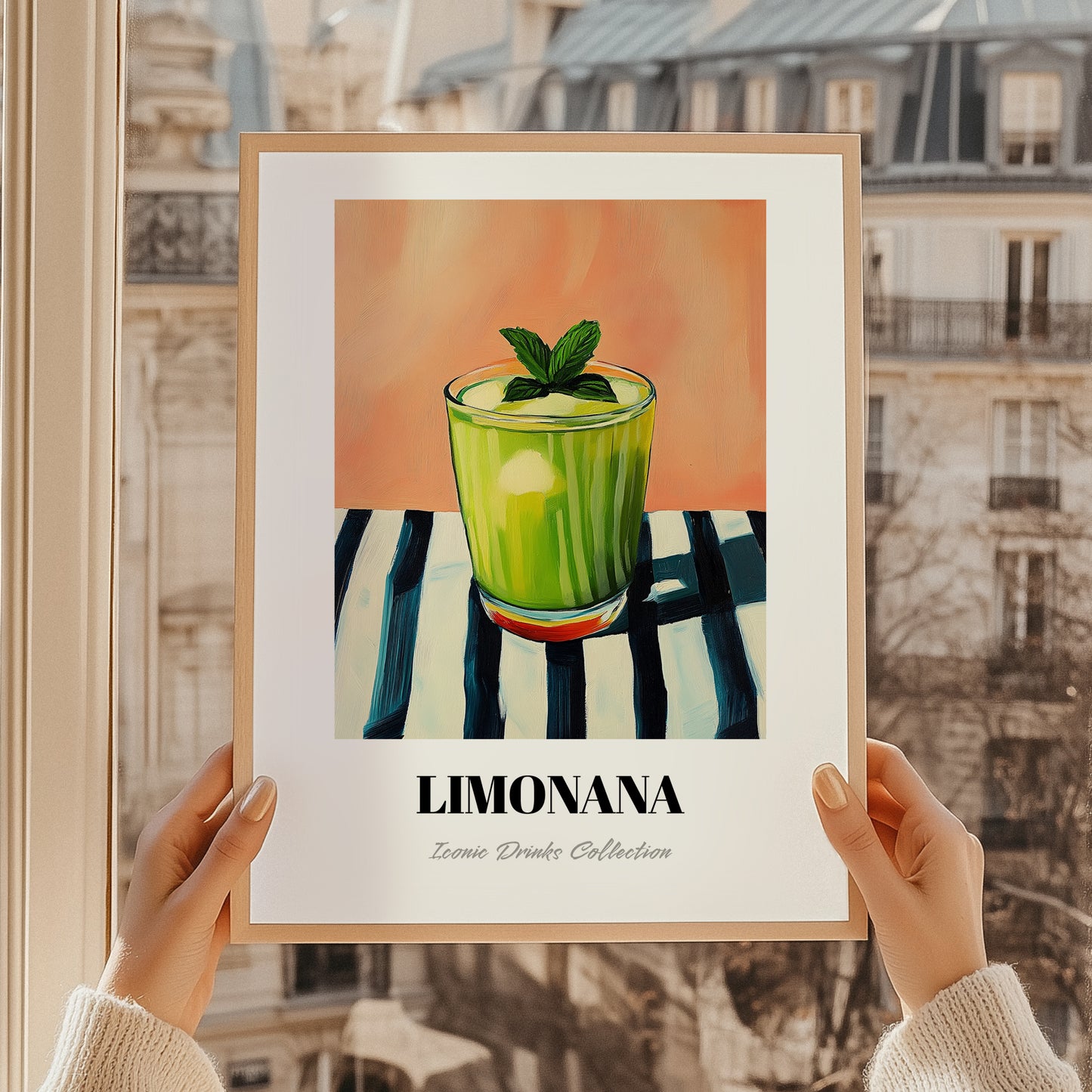 Limonana – on Striped Tablecloth, Israeli Lemonade Still Life, styled in a charming Paris street view