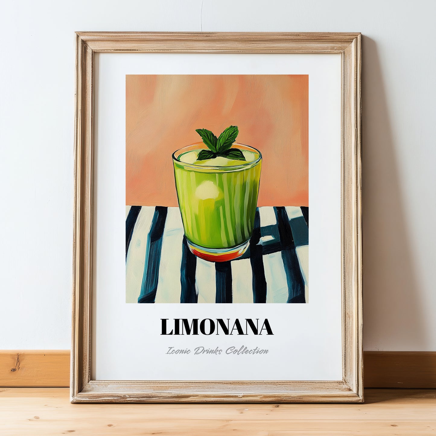 Limonana – on Striped Tablecloth, Israeli Lemonade Still Life, in wooden frame leaning on the floor