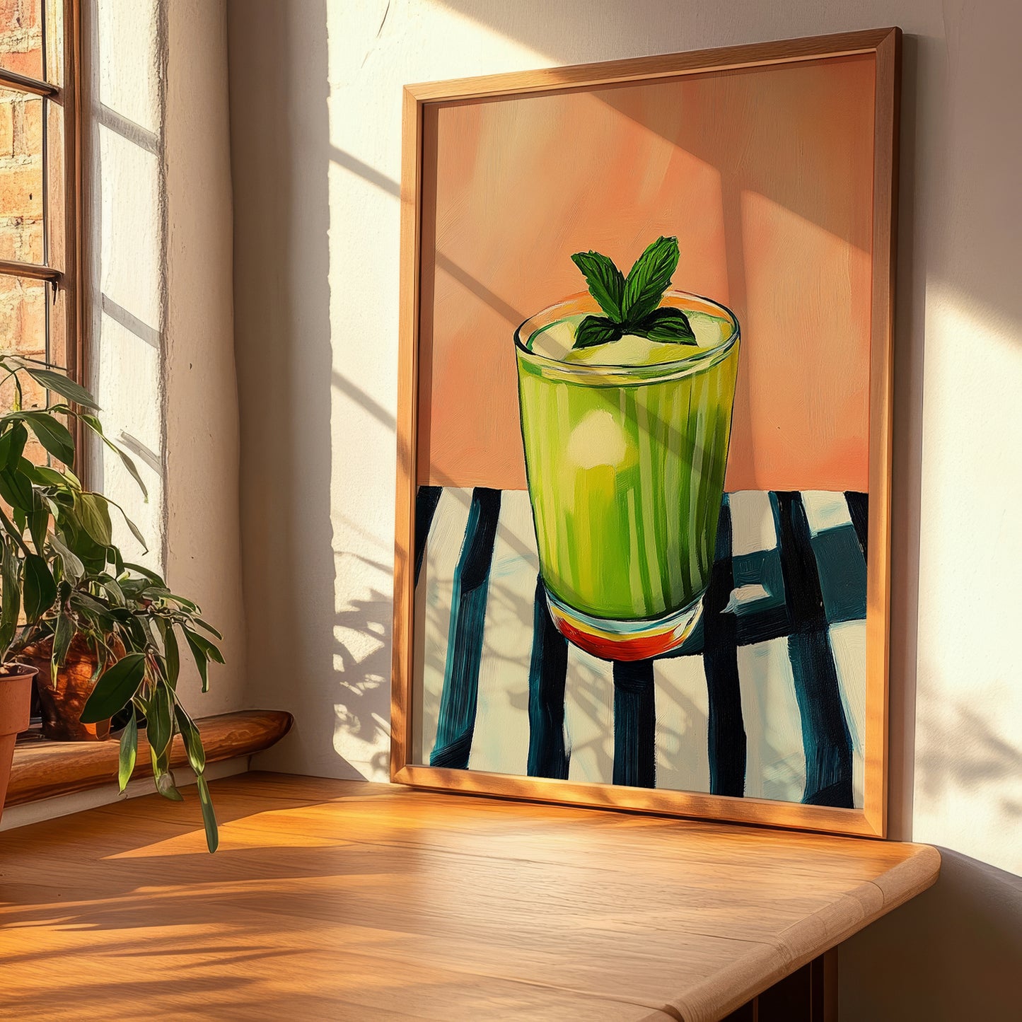 Limonana – on Striped Tablecloth, Israeli Lemonade Still Life, clean layout with no caption