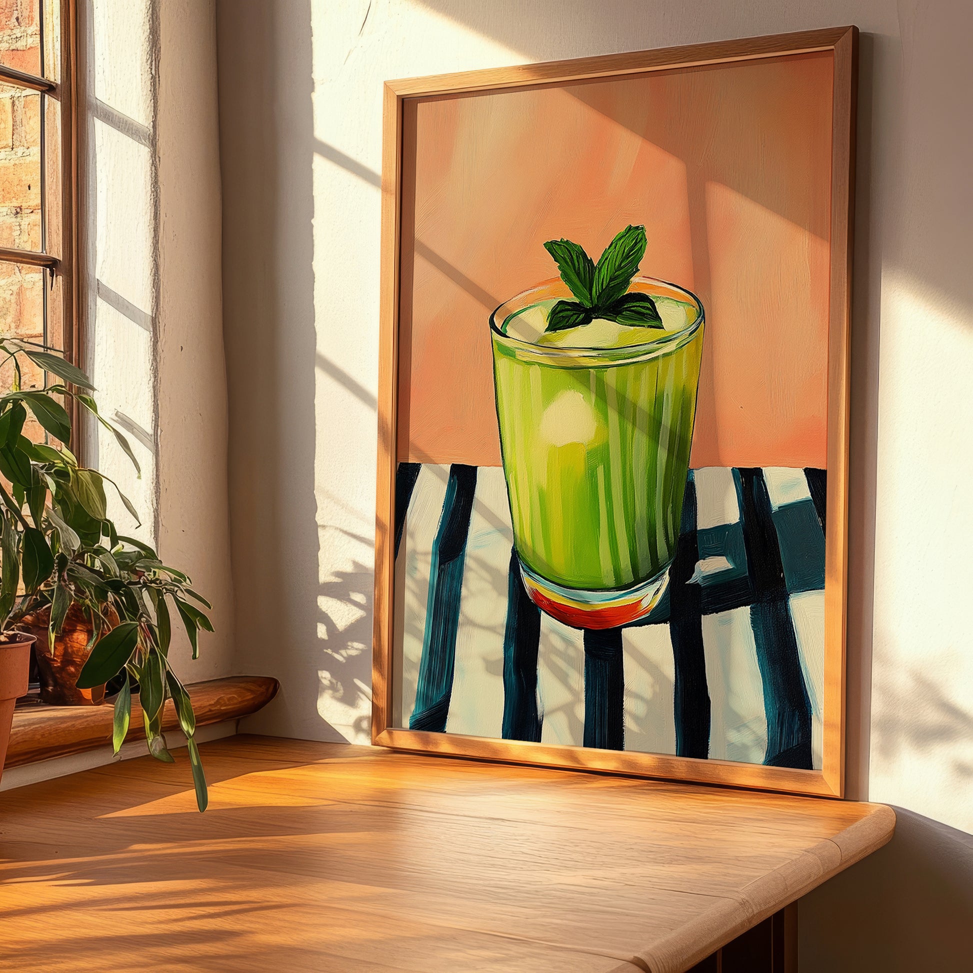 Limonana – on Striped Tablecloth, Israeli Lemonade Still Life, clean layout with no caption