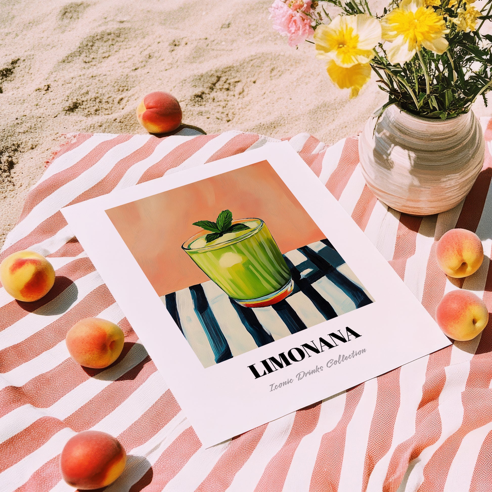 Limonana – on Striped Tablecloth, Israeli Lemonade Still Life, unframed on coastal sand