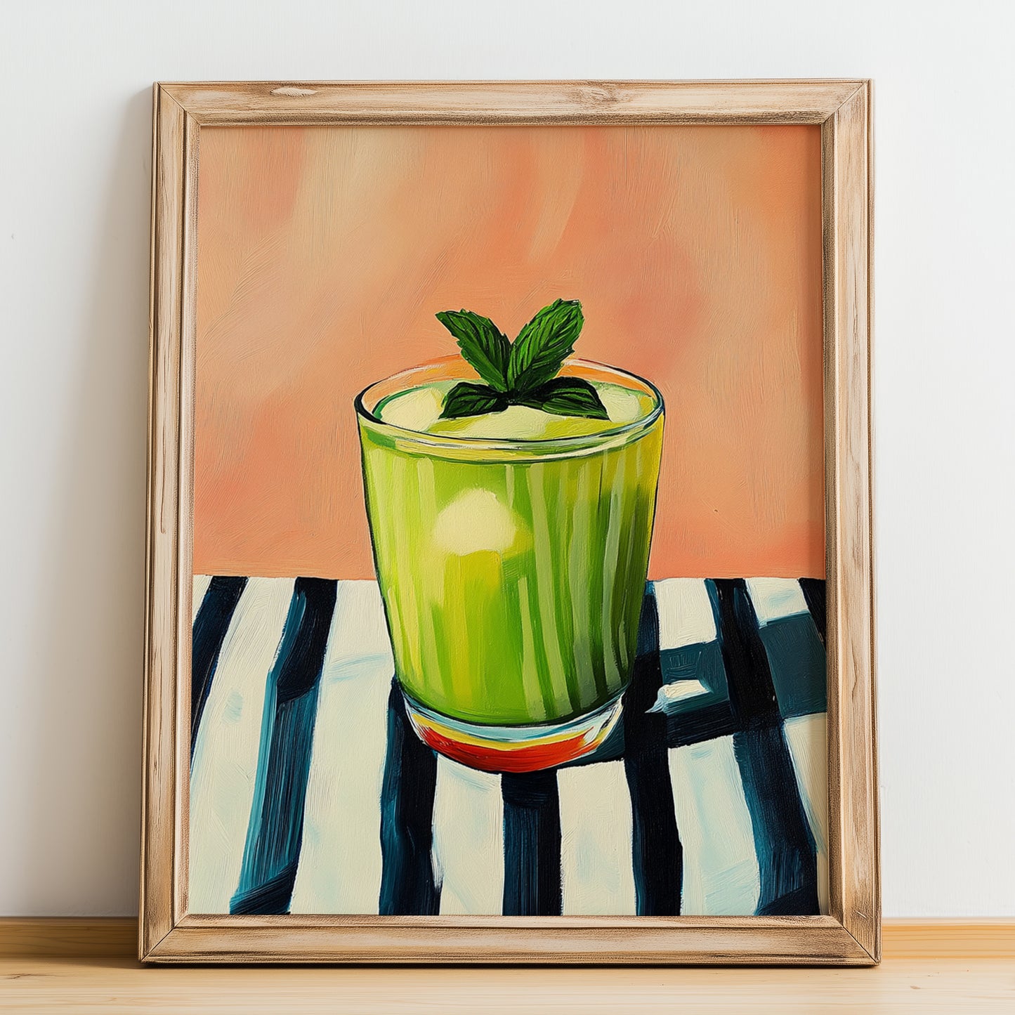 Limonana – on Striped Tablecloth, Israeli Lemonade Still Life, no-text version framed in wood