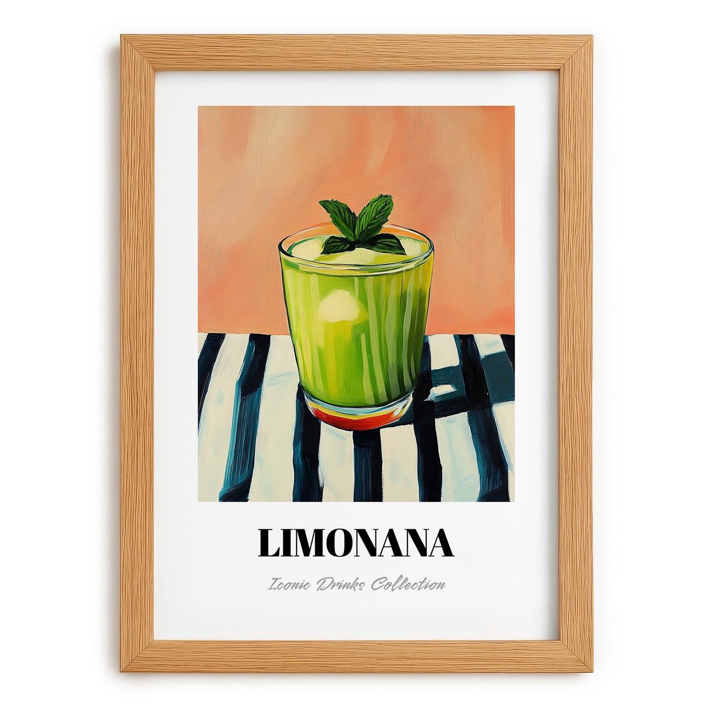 Limonana – on Striped Tablecloth, Israeli Lemonade Still Life, set in oak frame