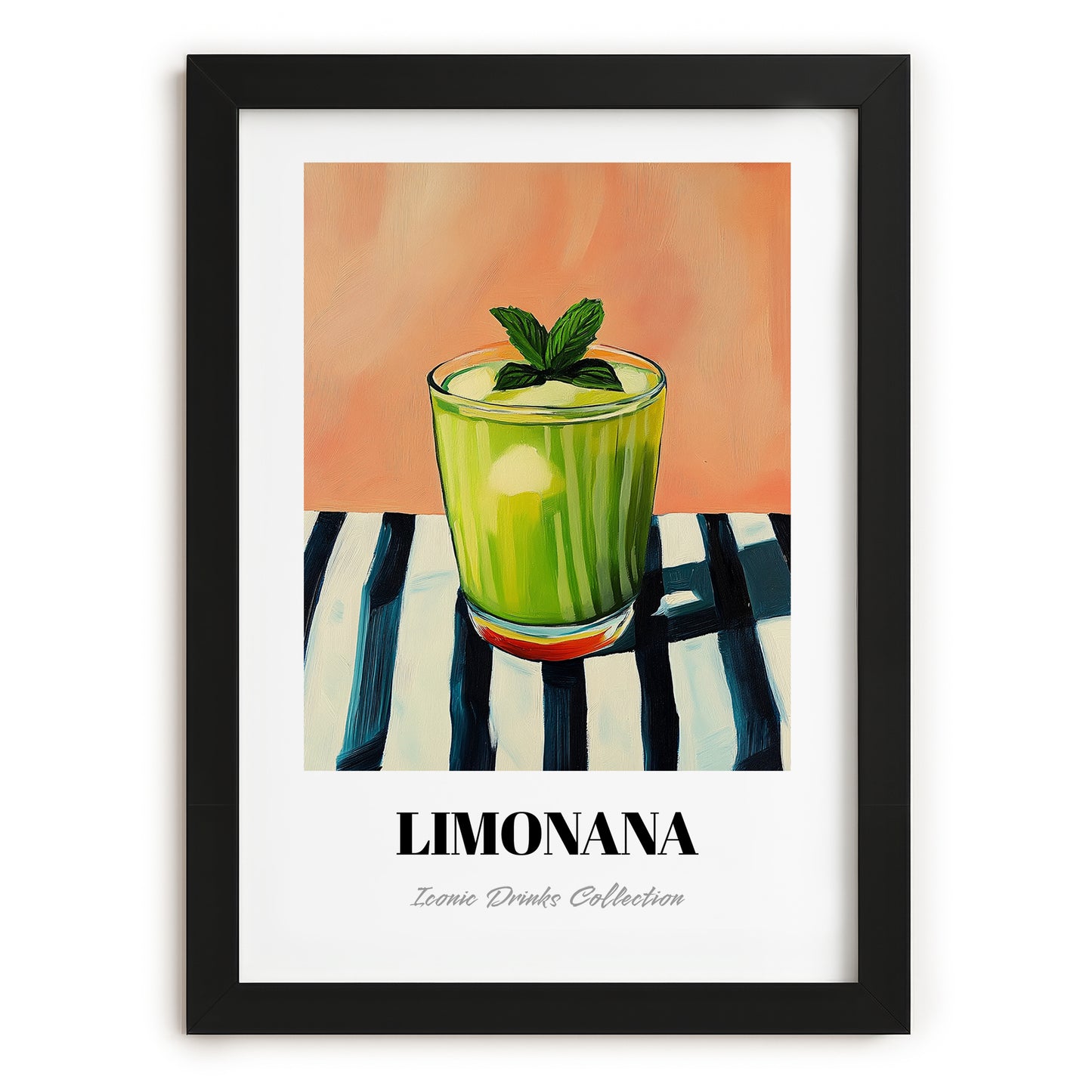 Limonana – on Striped Tablecloth, Israeli Lemonade Still Life, in sleek black frame
