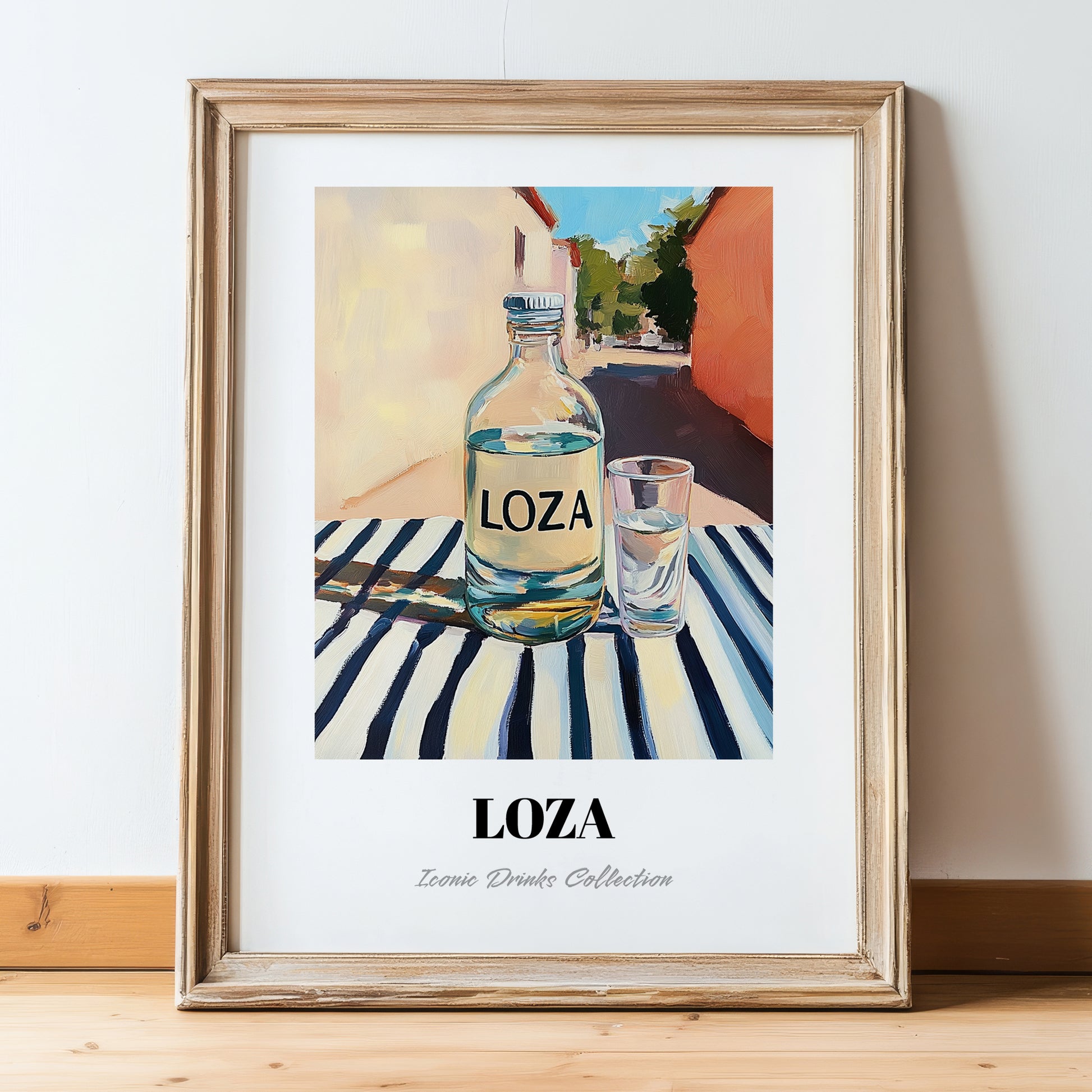 Loza – Montenegrin Outdoor Café Scene, Montenegrin Spirit Art, in wooden frame leaning on the floor