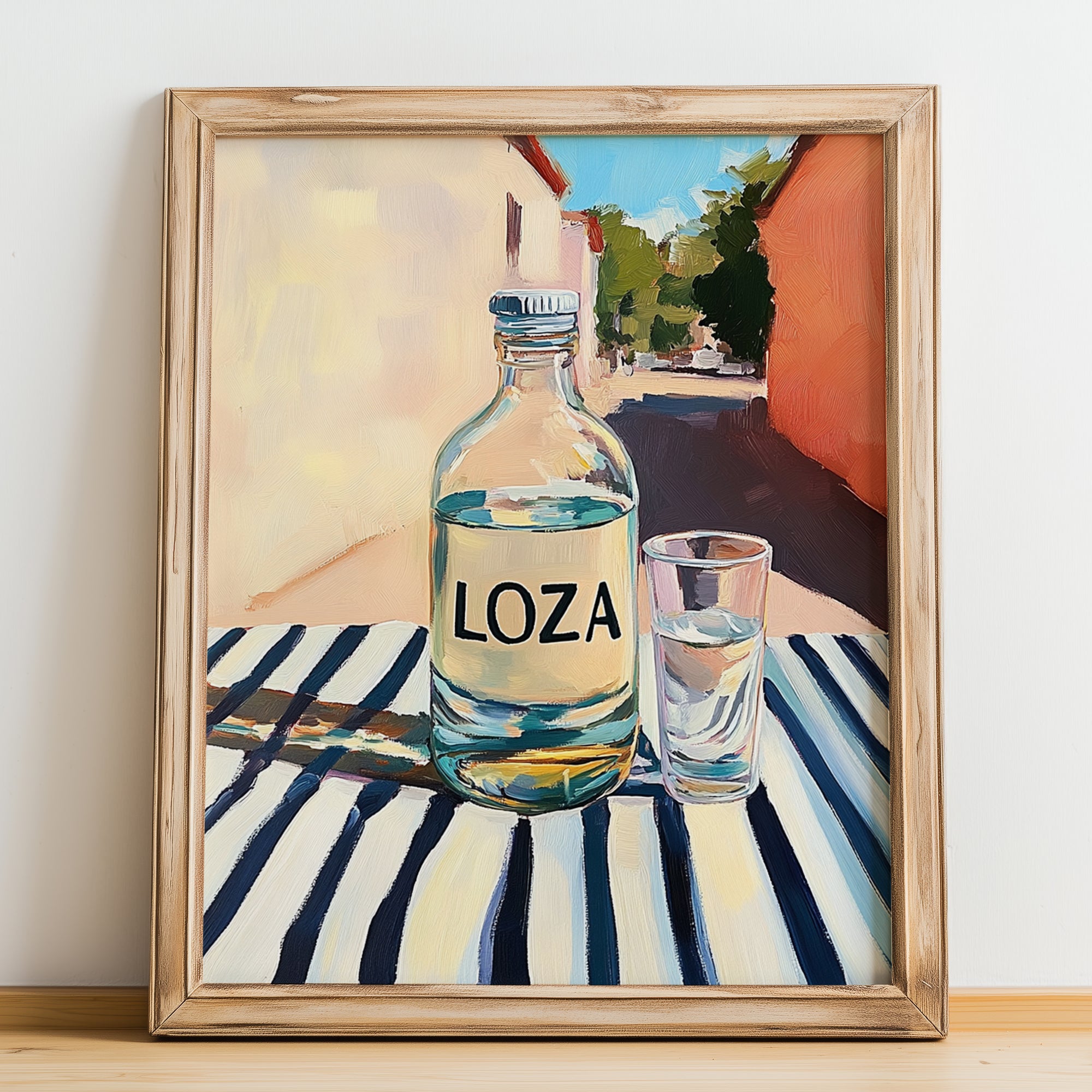 Loza – Montenegrin Outdoor Café Scene, Montenegrin Spirit Art, no-text version framed in wood