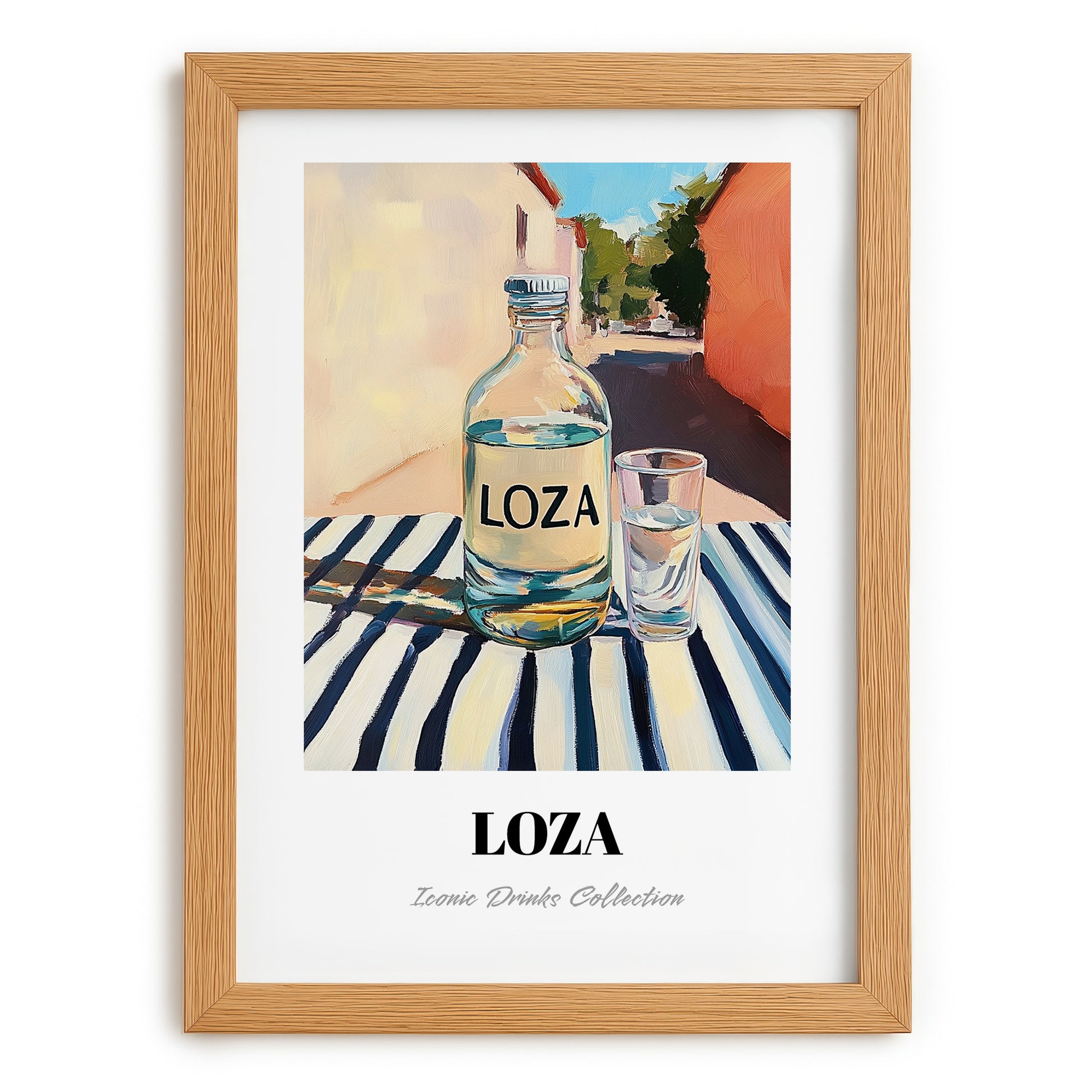 Loza – Montenegrin Outdoor Café Scene, Montenegrin Spirit Art, set in oak frame